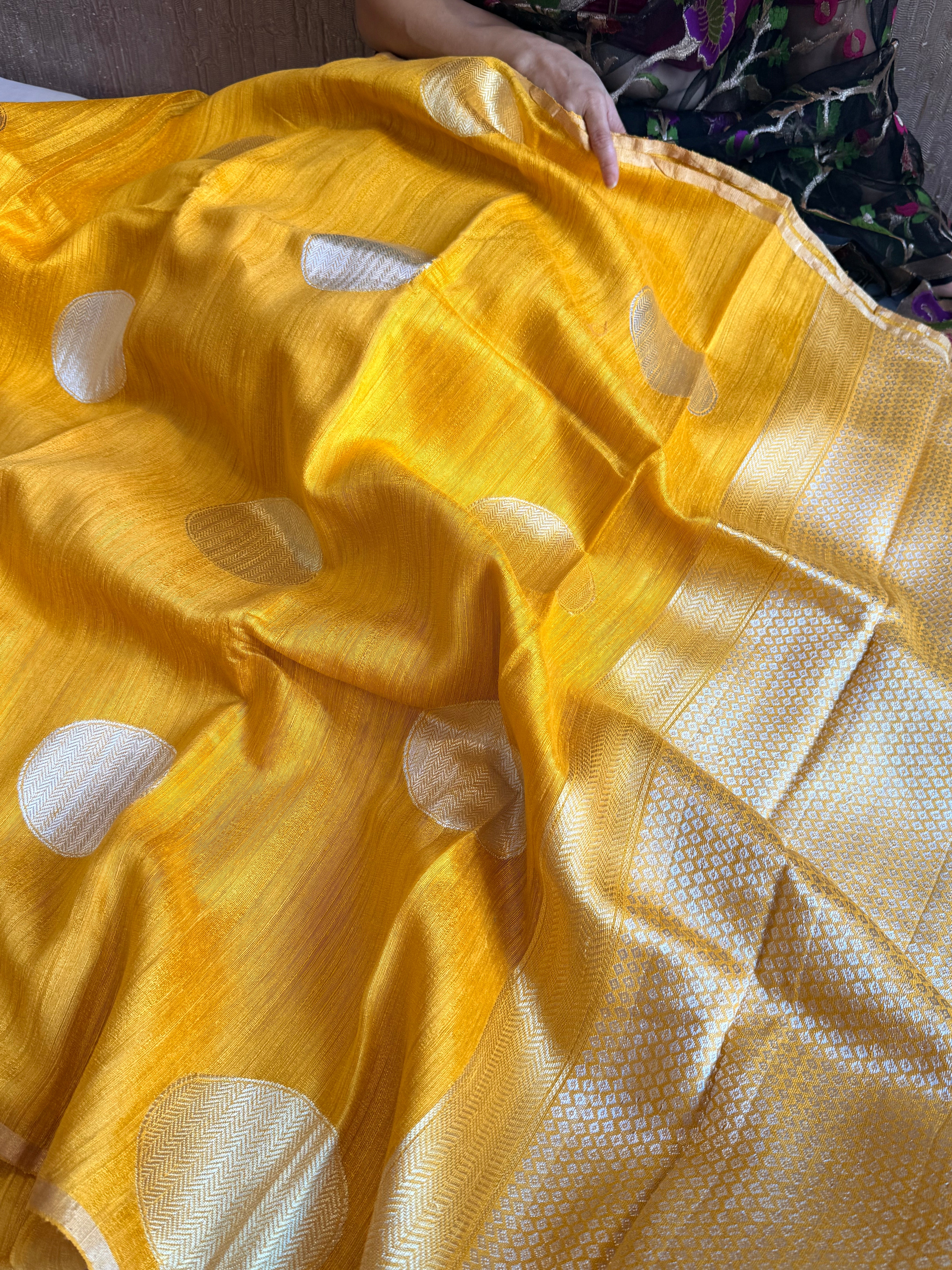 Haldi yellow  tussar gorgette kadhwa weaving saree