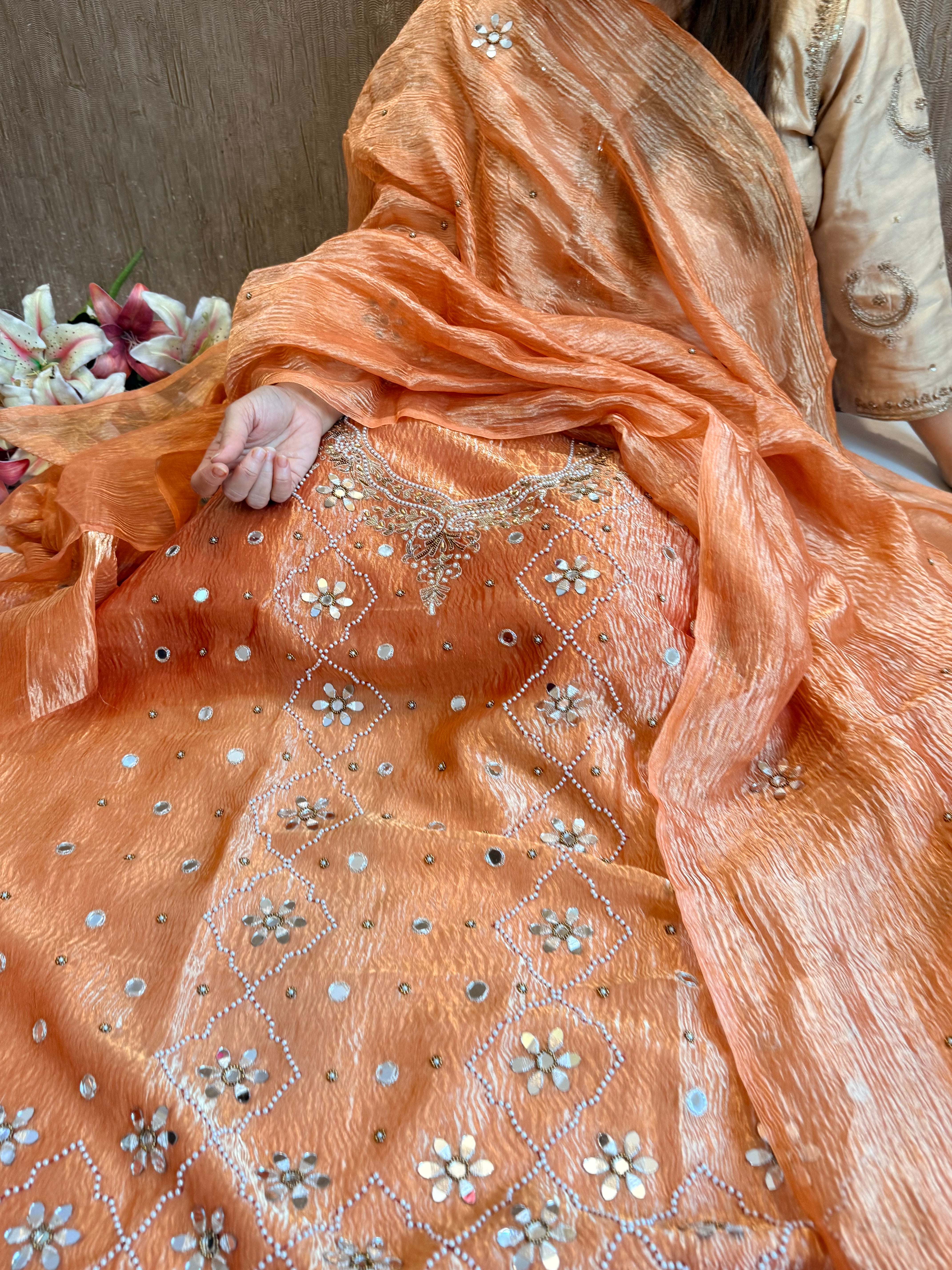 Peachy orange crush tissue silk mirrorwork hand embroidered kadhwa suits