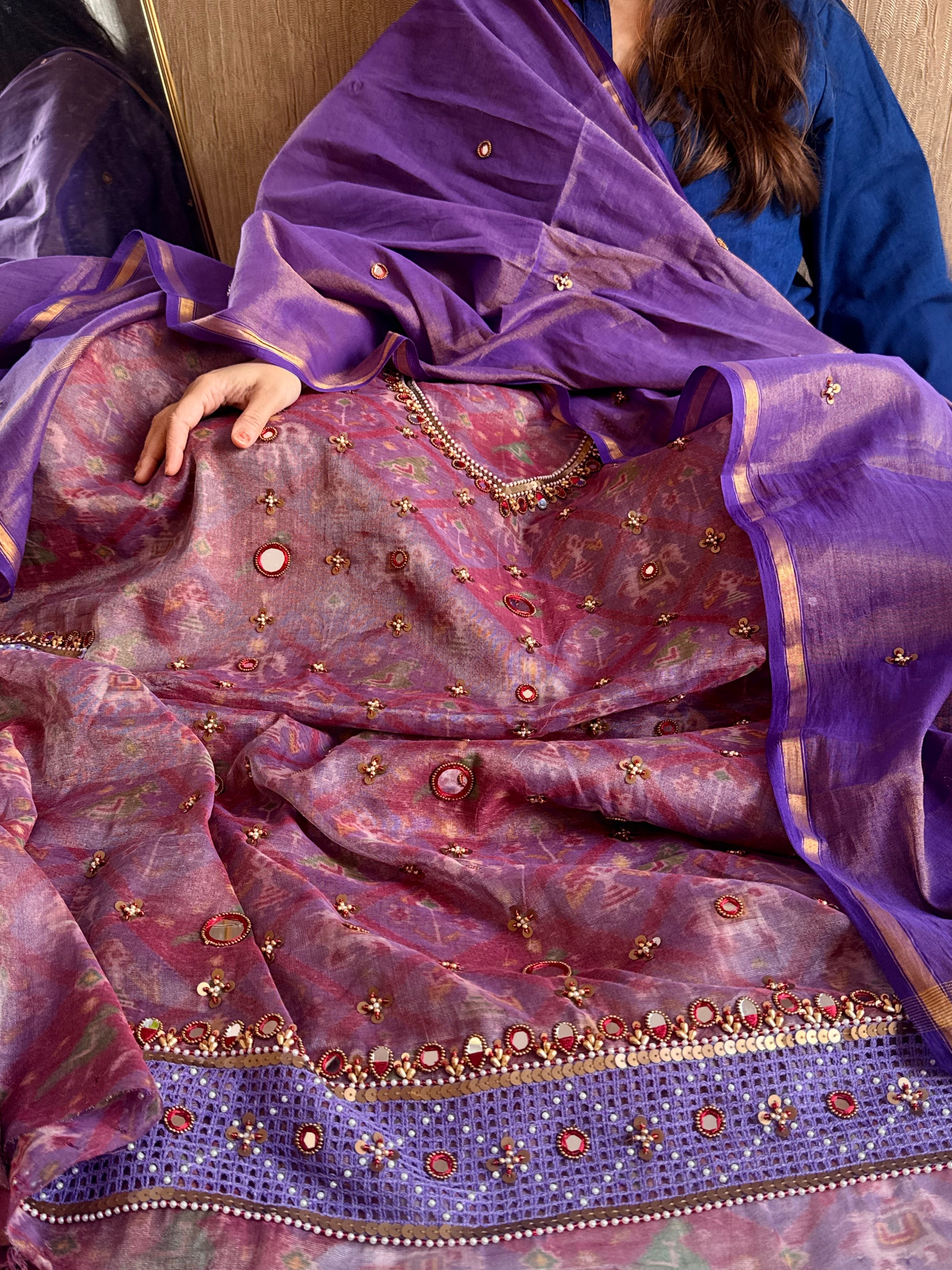 Patola weaving hand embroidered mul cotton tissue suit sets