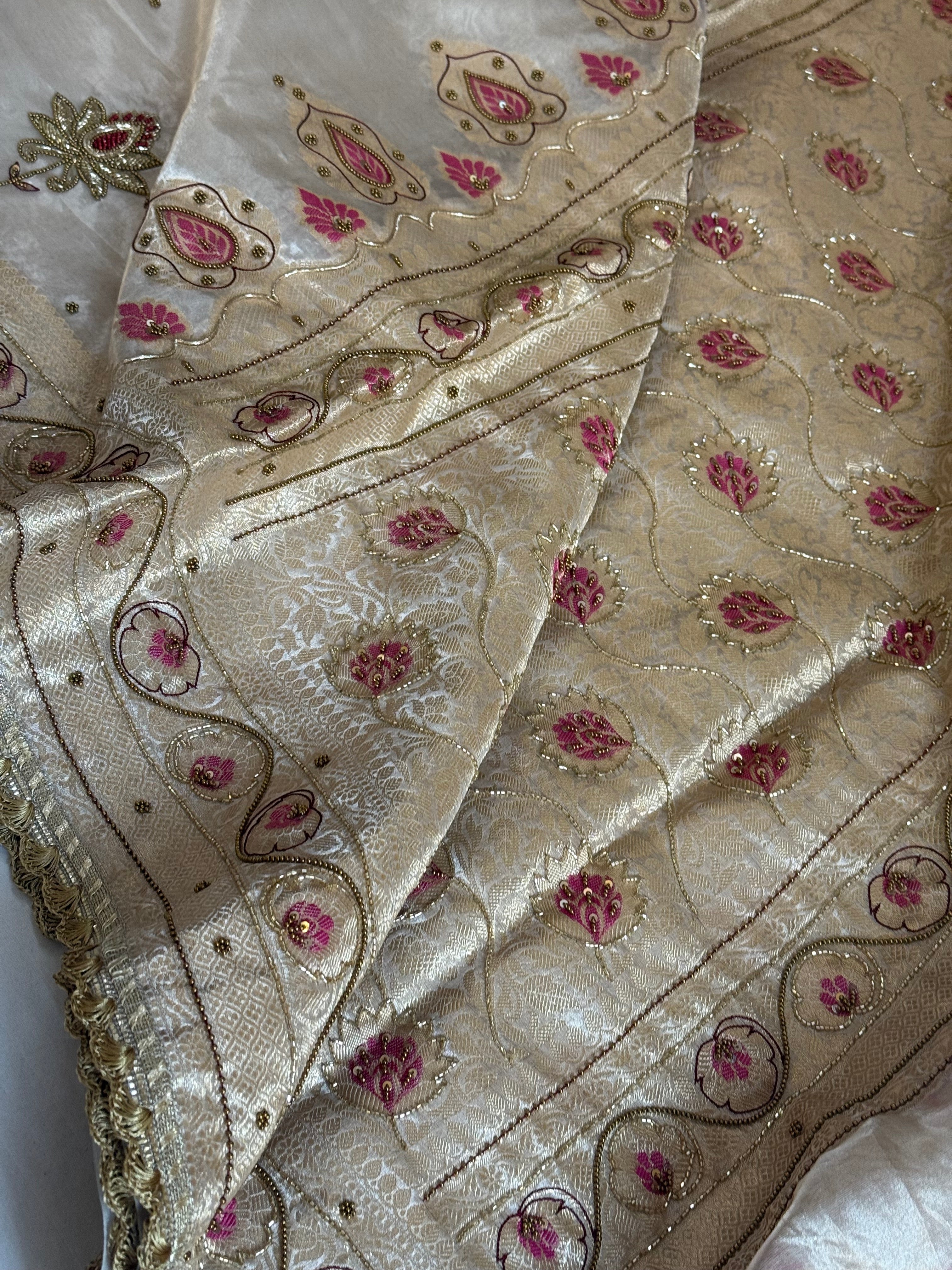 Moonlight silver diamond tissue pink meenakari kadhwa hand embroidered saree