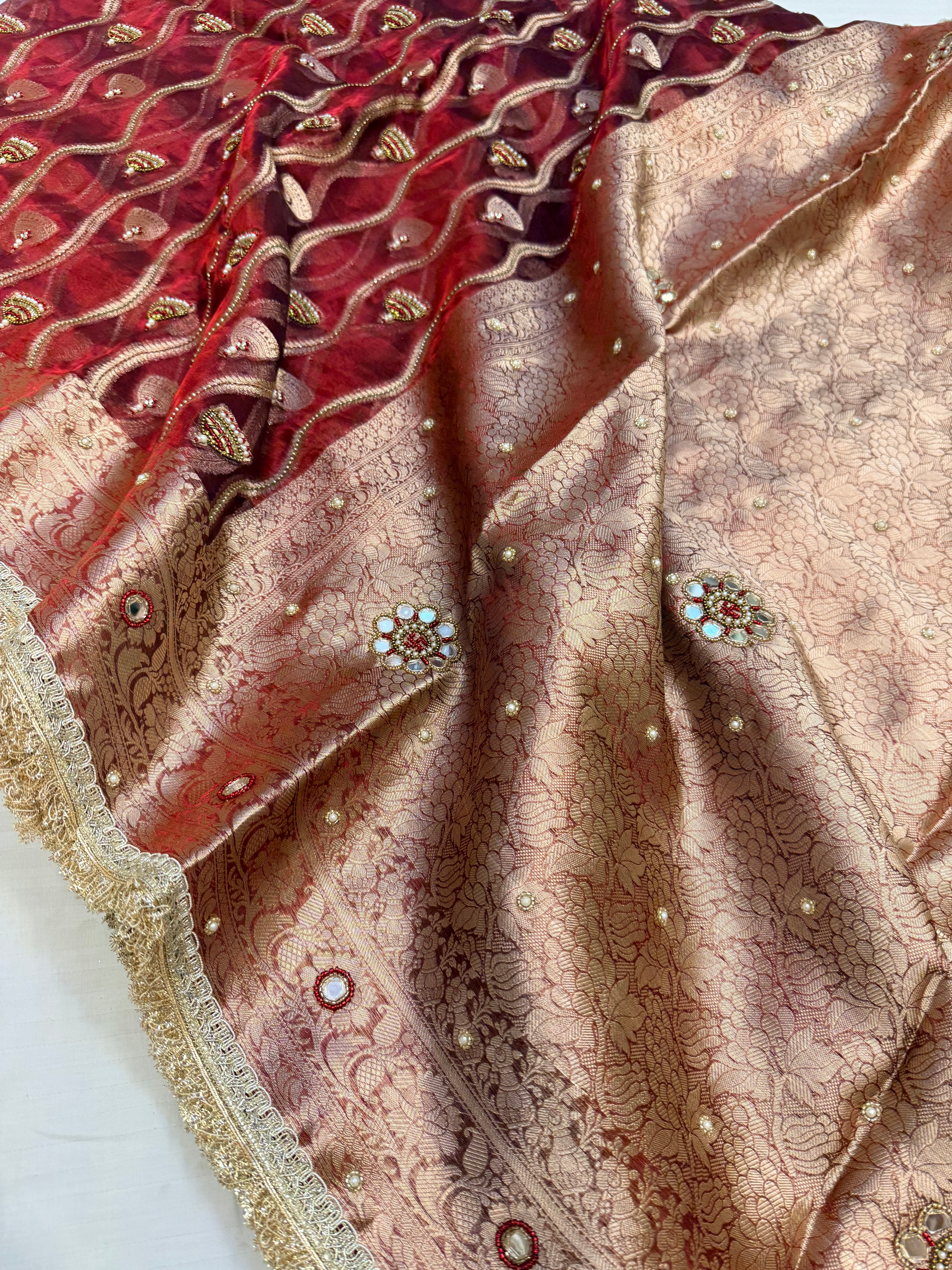 Blood metallic red husn jaalwork tissue silk hand embroidered saree