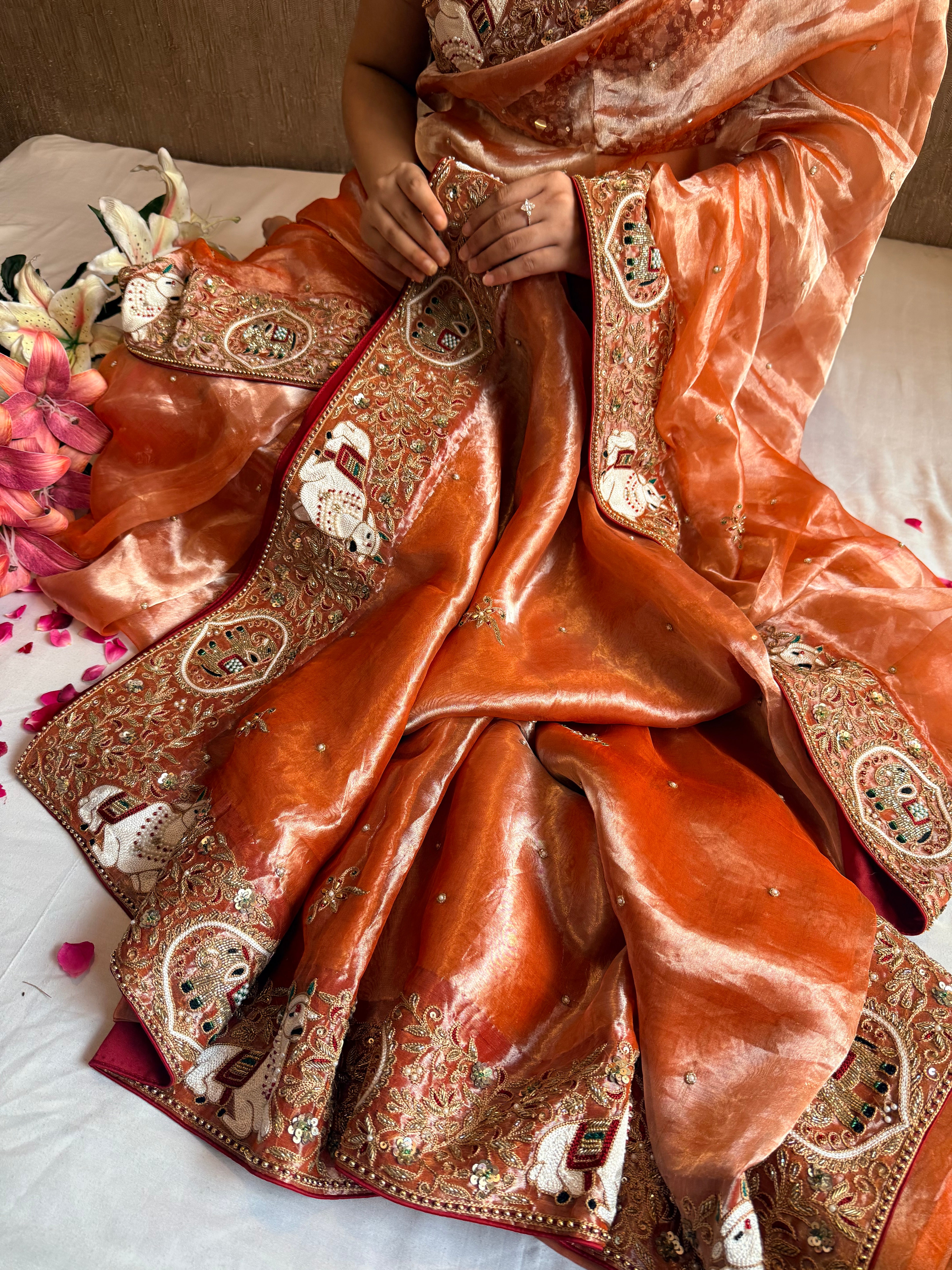 Chandramukhi edit - Fanta orange diamond tissue silk hand embroidered saree