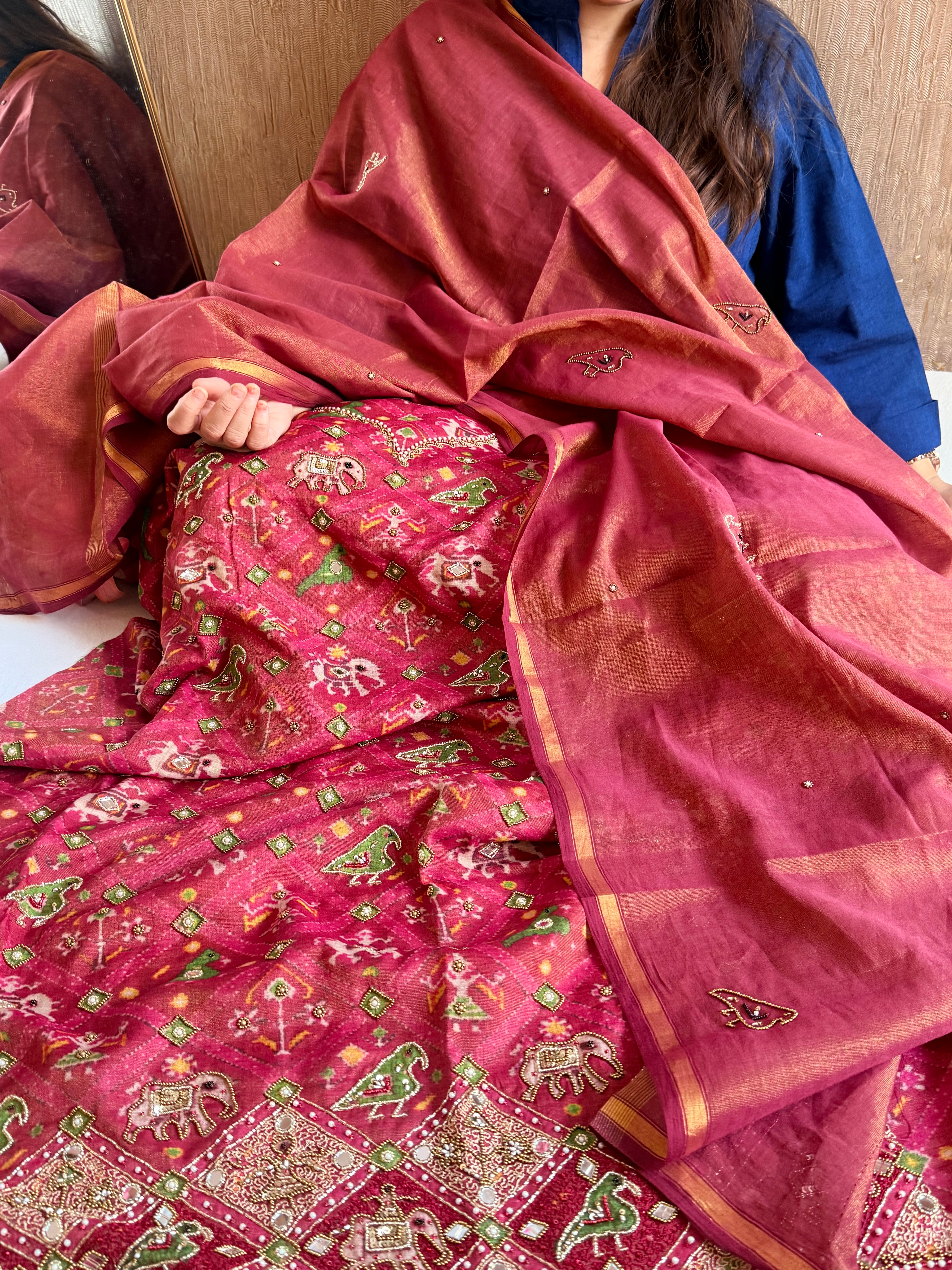 Patola weaving hand embroidered mul cotton tissue suit sets
