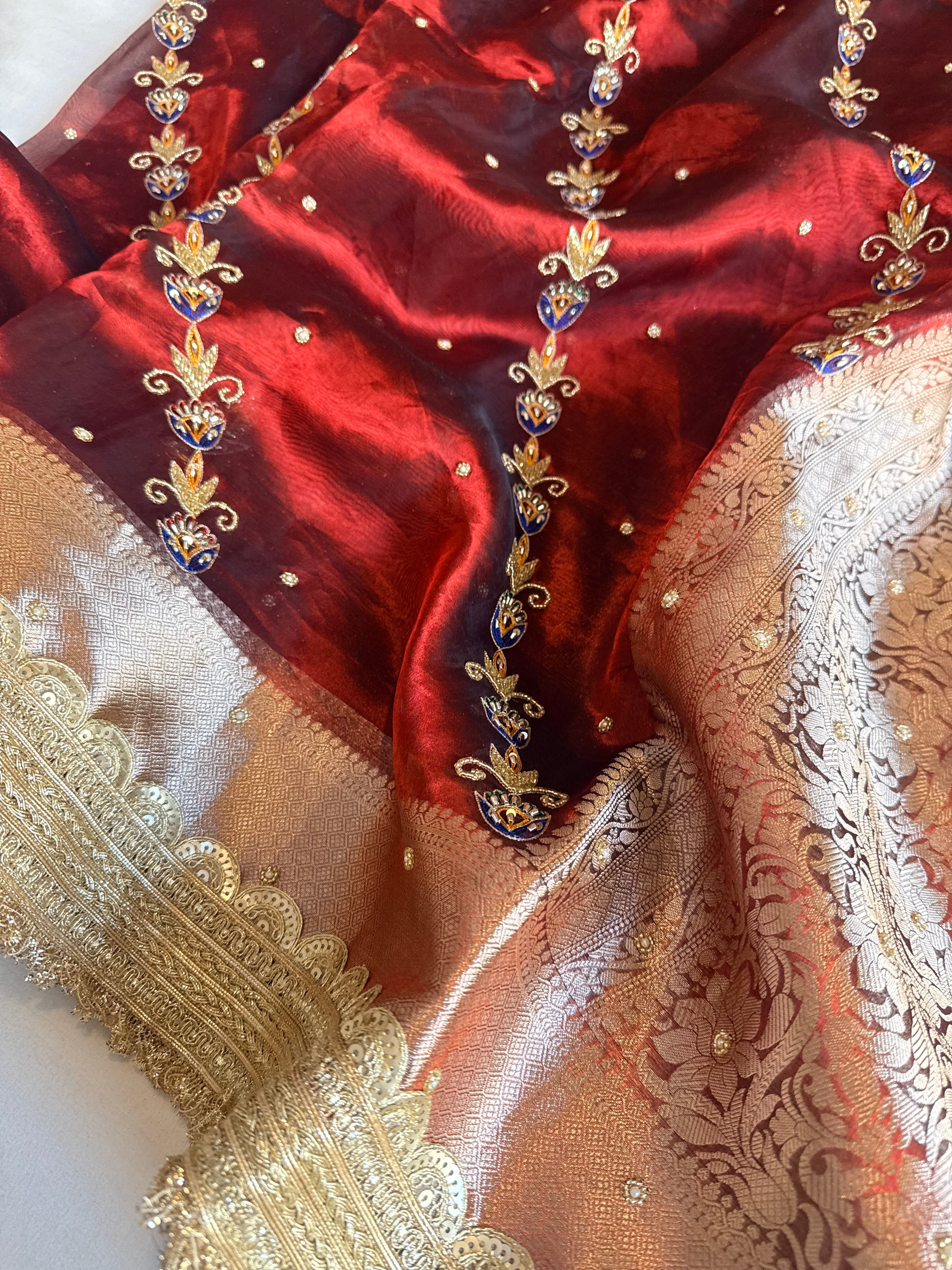 Maharani chand buta kadhwa tissue silk hand embroidered saree duppata set