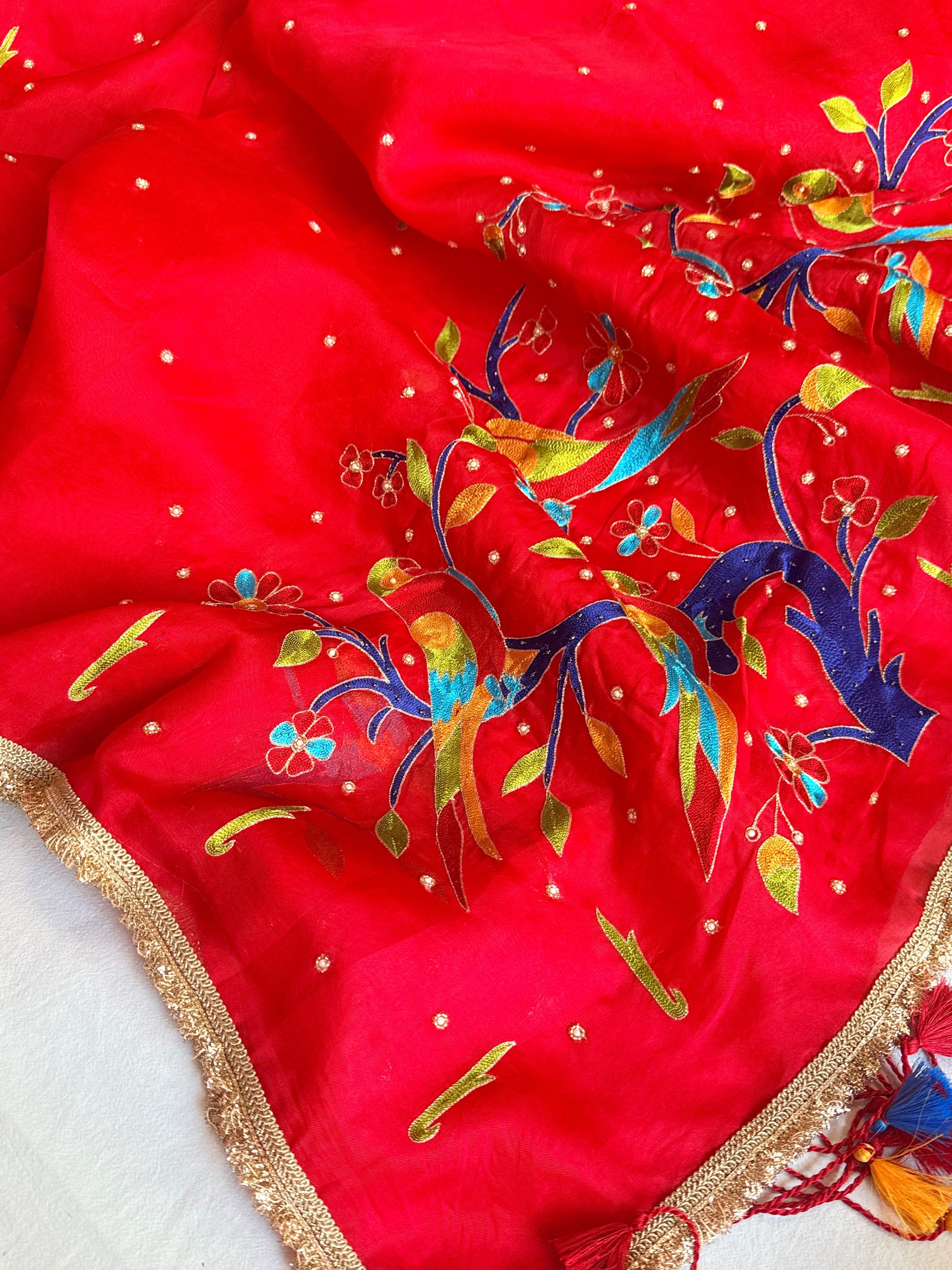Blood red kora silk paithani weaving hand embroidered kadhwa saree