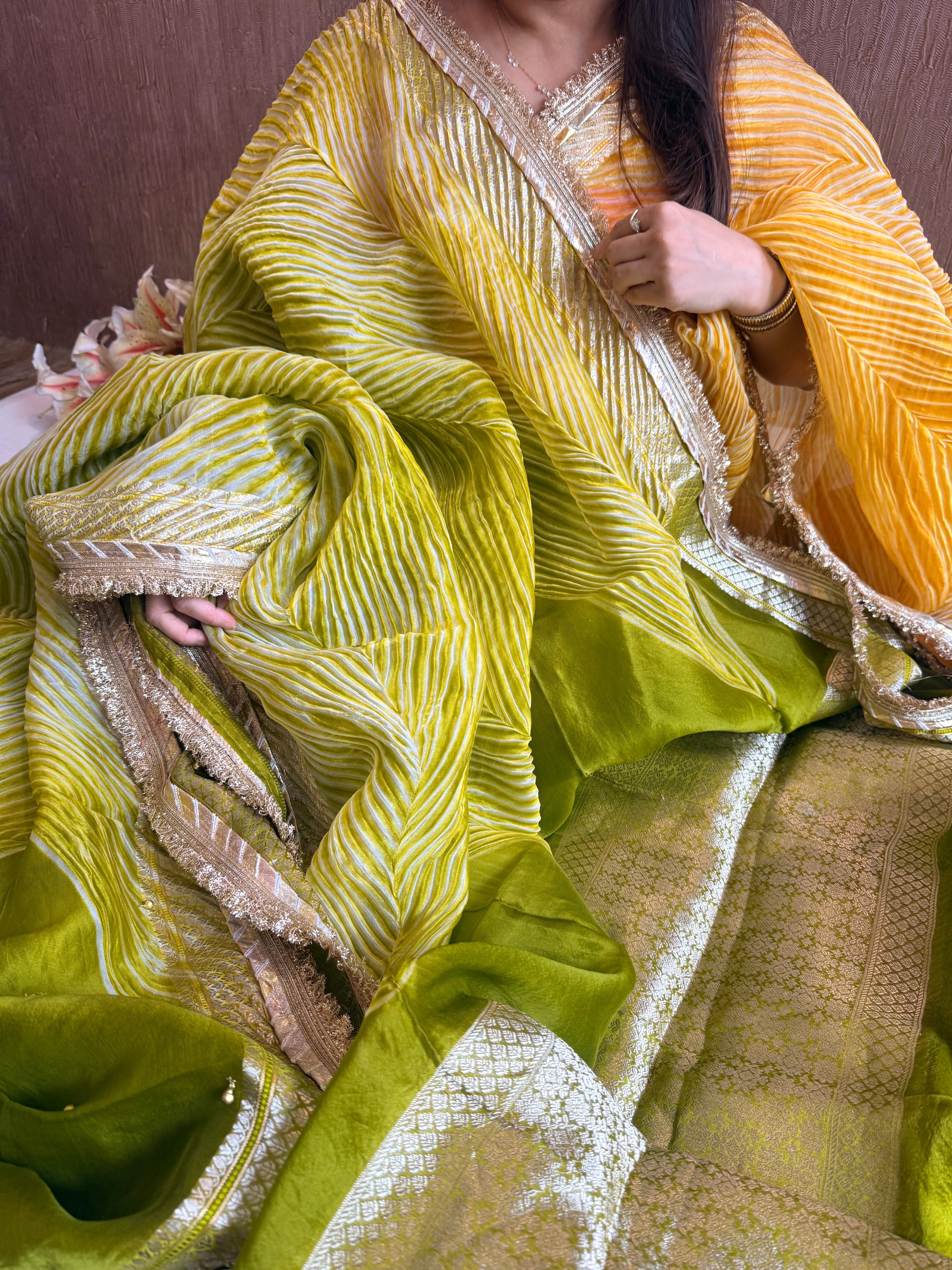 Arshi dye ghungro work kora silk banarasi kadhwa weaving saree