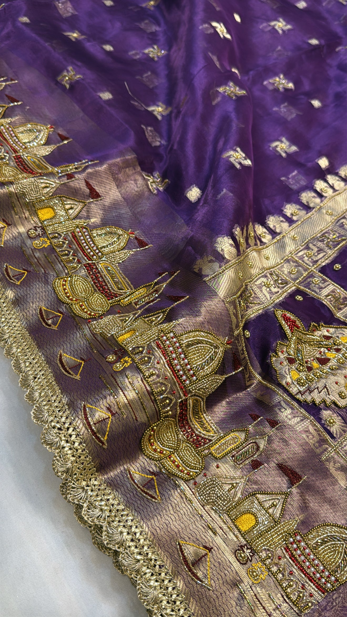 Gangaghat edit midnight purple hand embroidered tissue silk saree