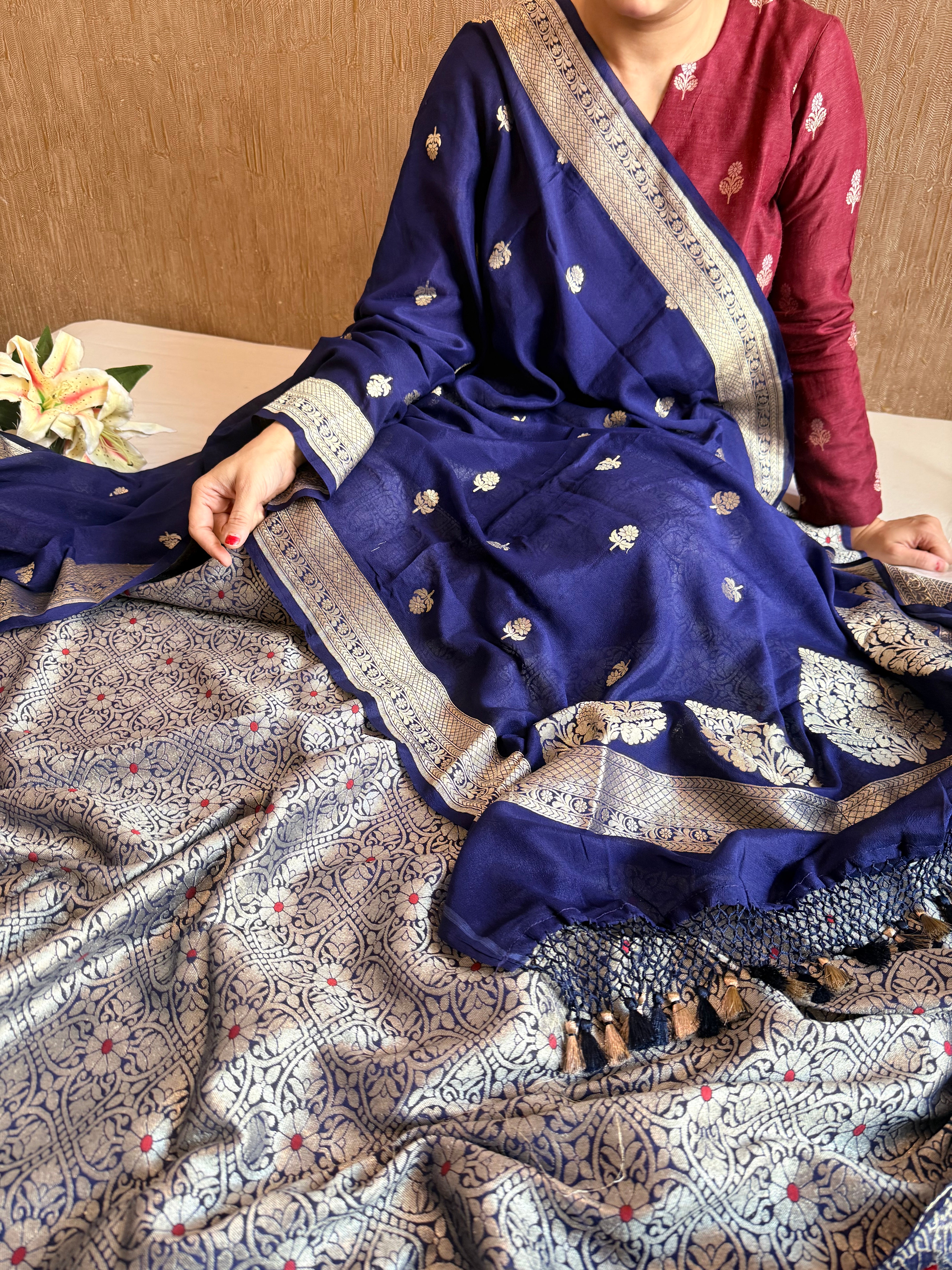 Navy blue moonga brocade ambose meenakari suit set