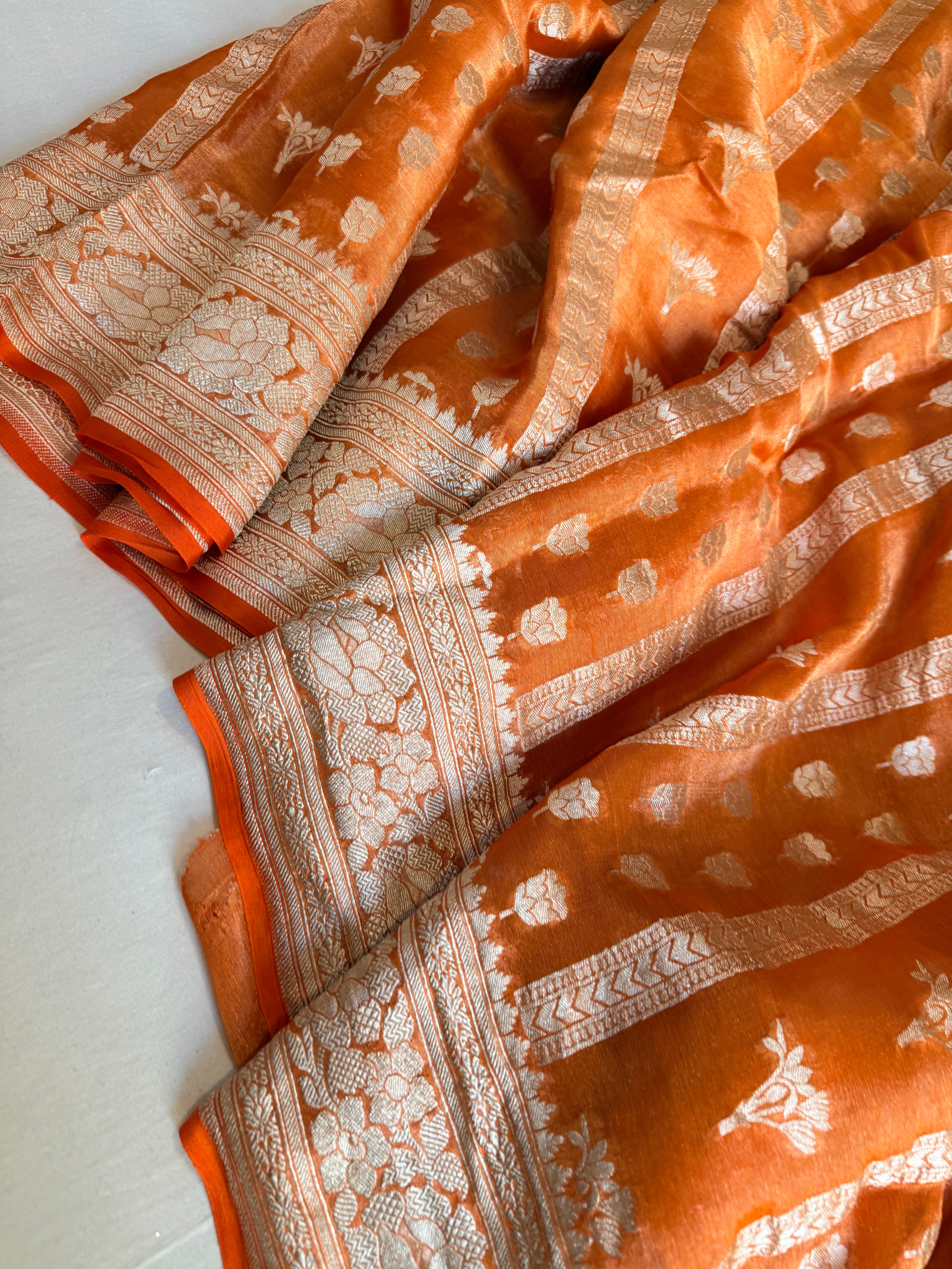 Chiffon peachy orange tissue gorgette kadhwa jaalwork soft silk saree