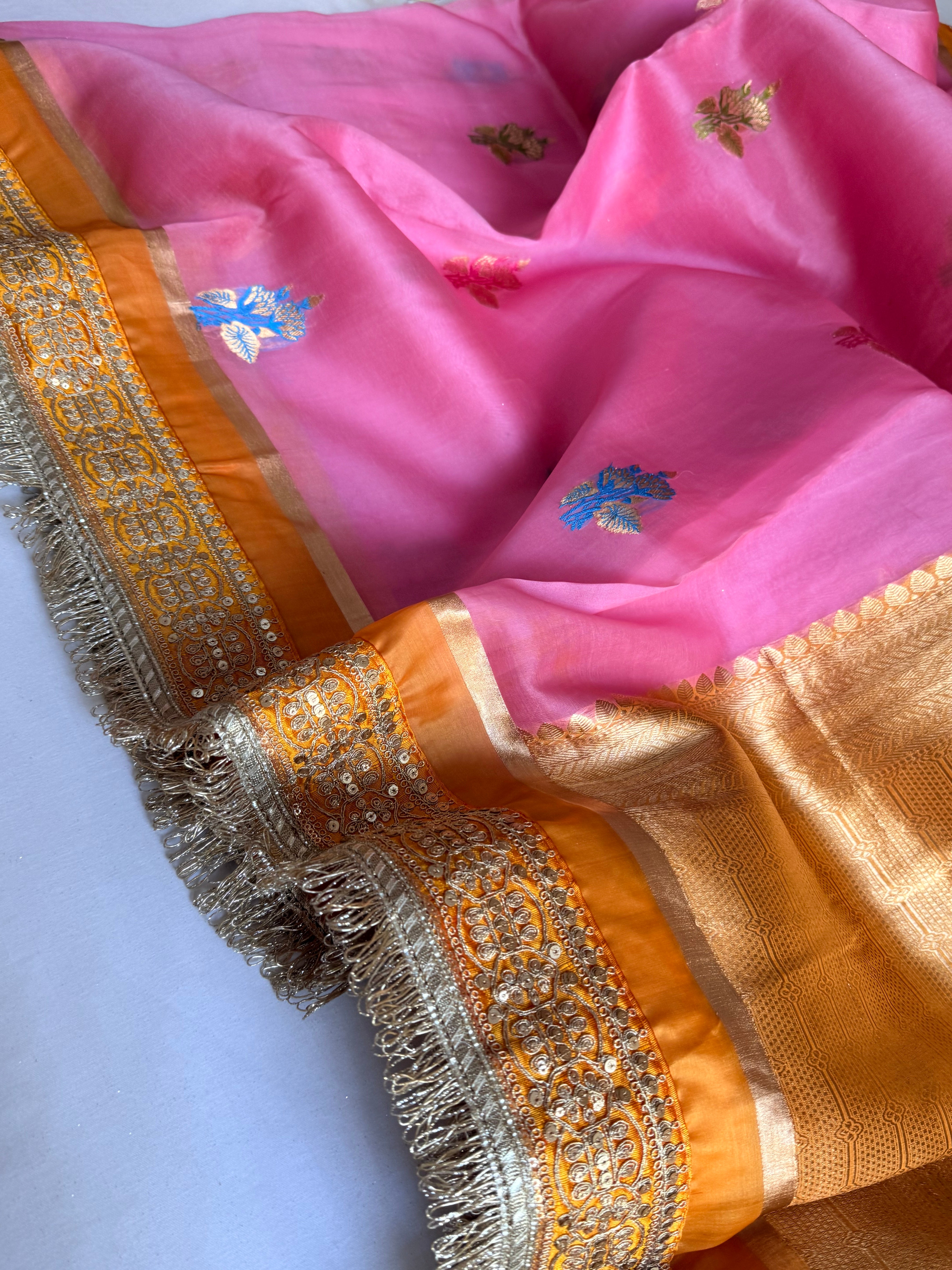 Banarasi leela candy pink-orange kora silk kadhwa saree
