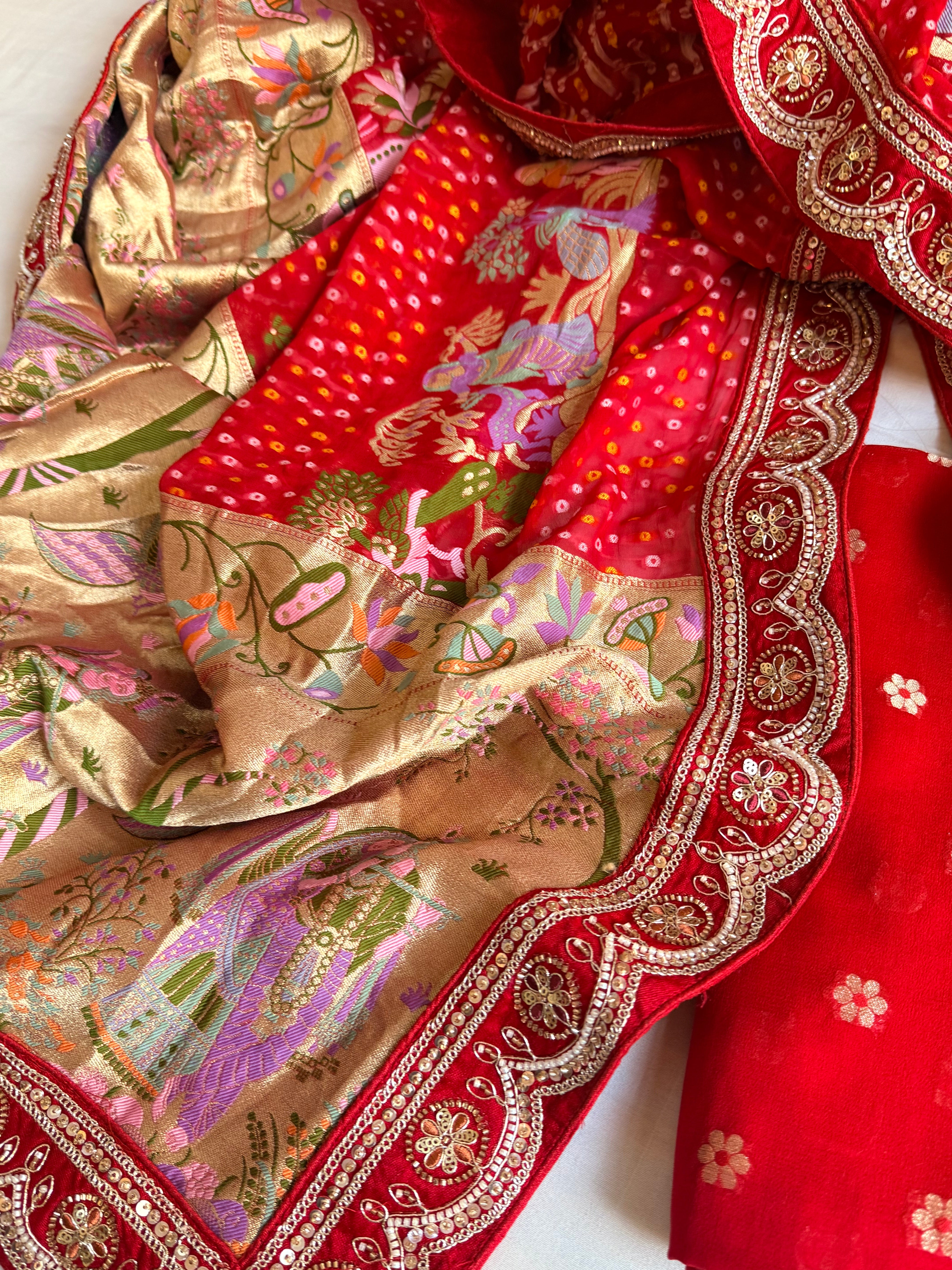 Banarasi rai bandhej radha krishna weaving gorgette kadhwa suit set