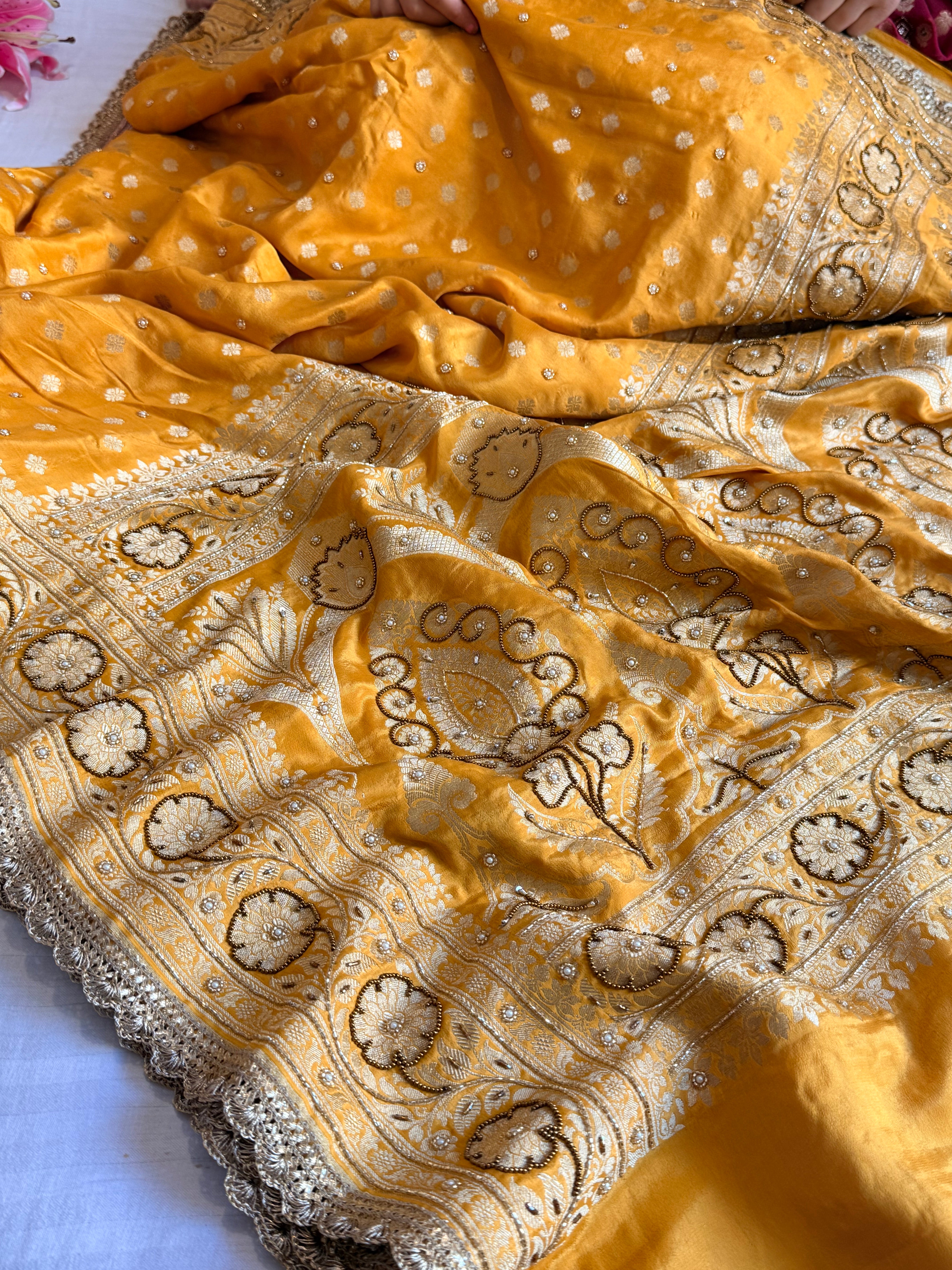 Banarasi haldi yellow chiffon gorgette kadhwa buti hand embroidered saree