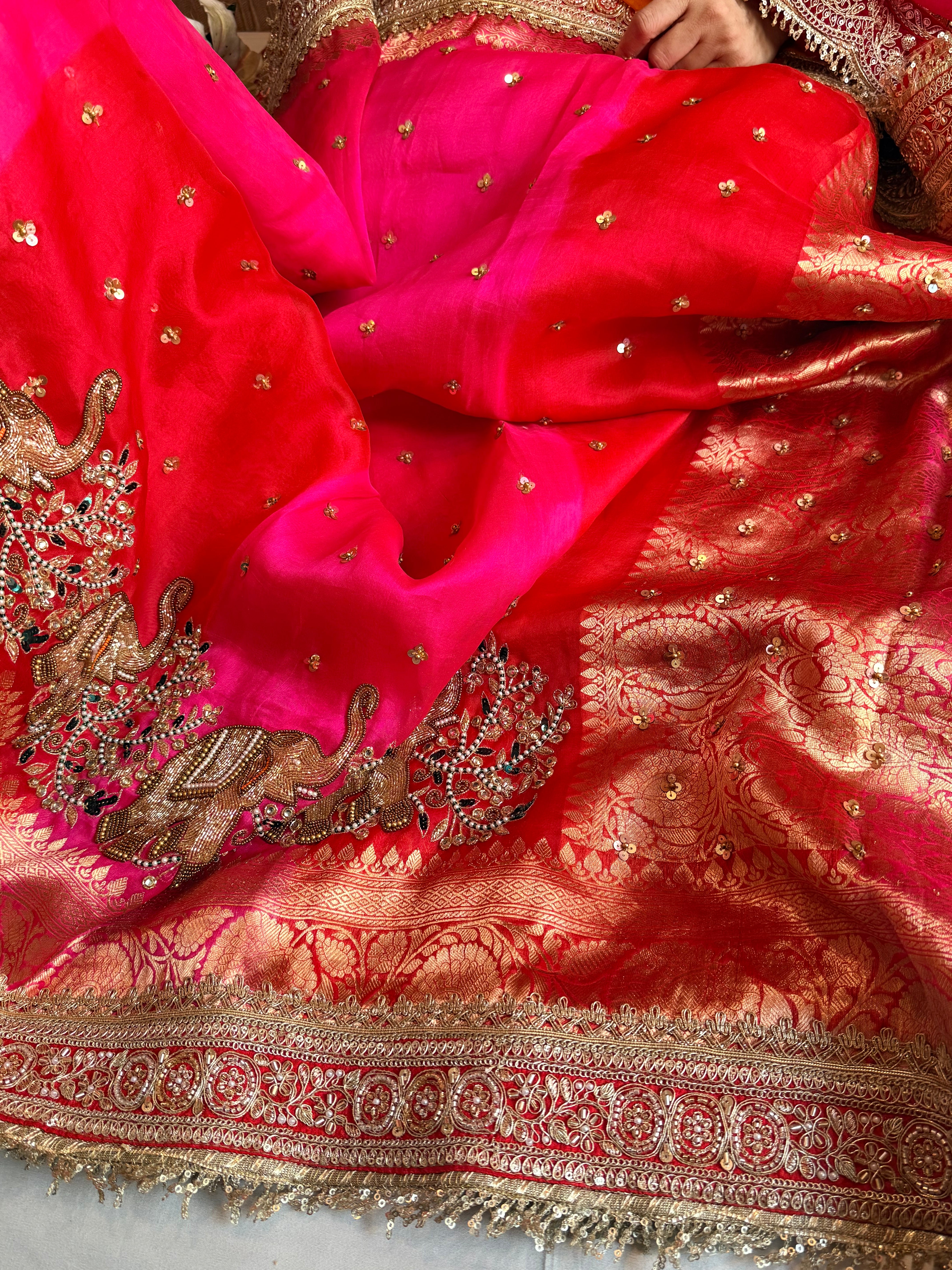 Red-Rani ombre shaded kora silk chunri buti hand embroidered saree