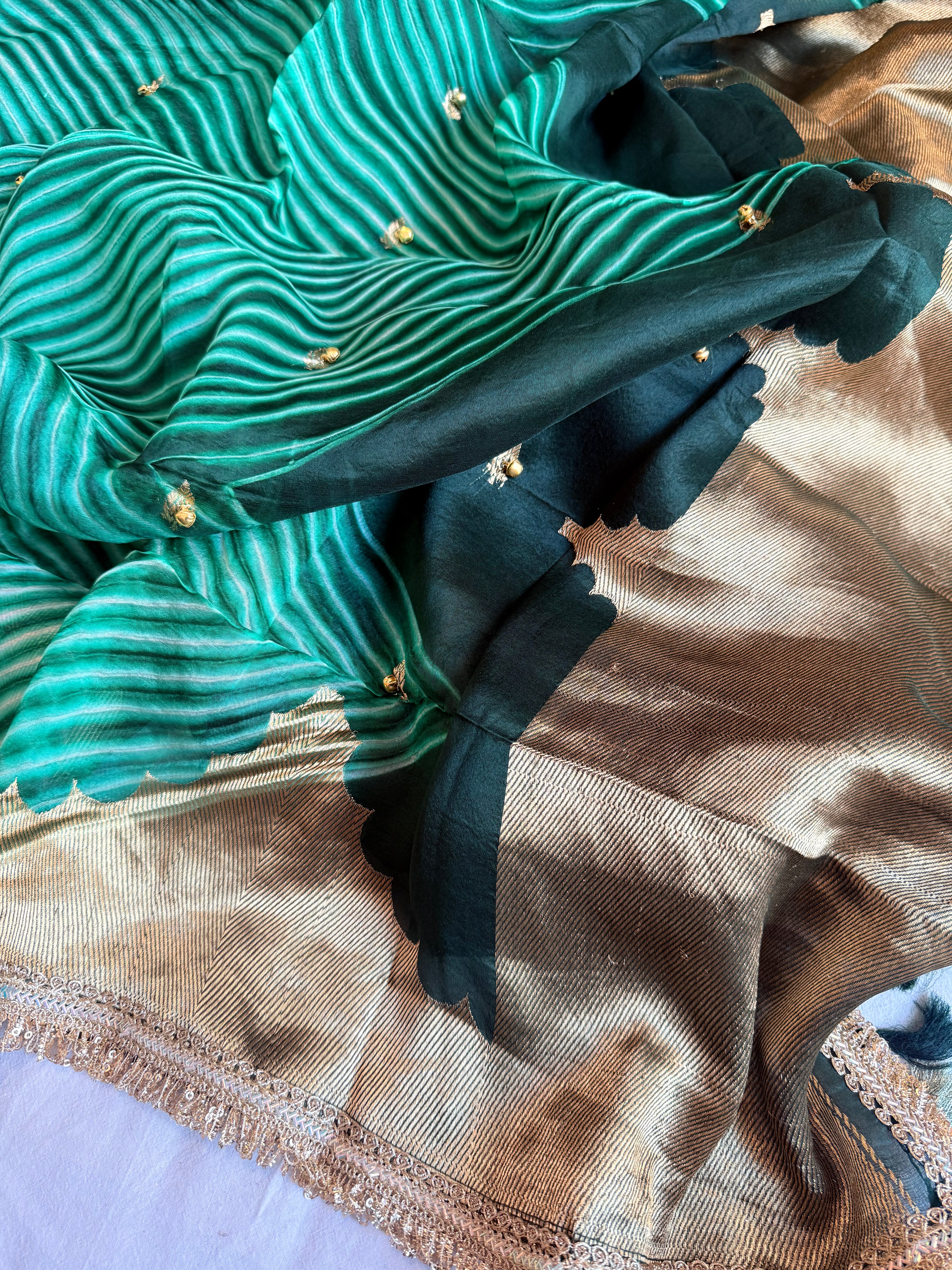 Bottle green banarasi kora silk arshi dyed kadhwa saree