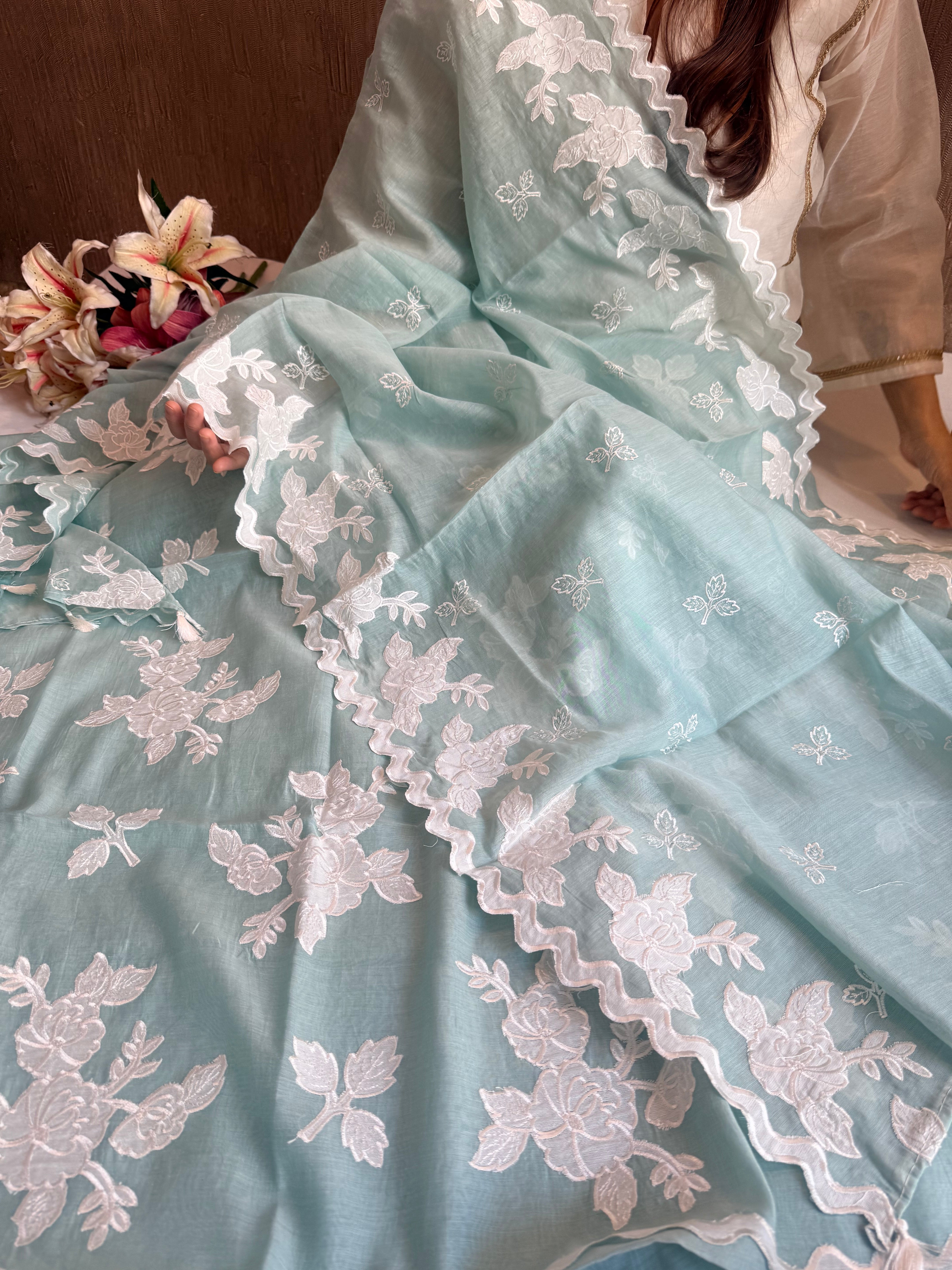 Alia bhatt inspired banarasi mulmul appliqué work suit set