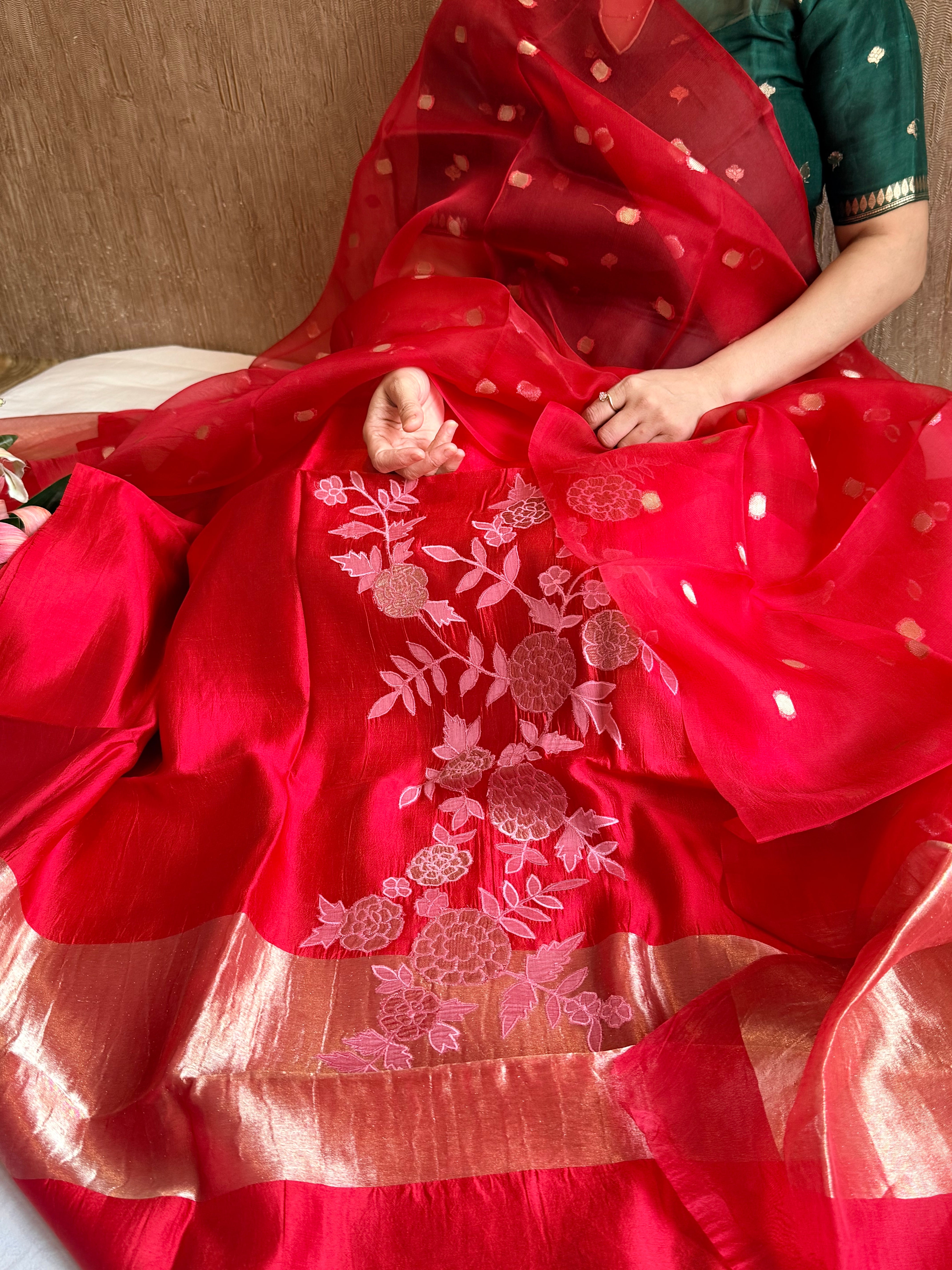 Mango tissue silk appliqué work suit set with kora tissue duppata