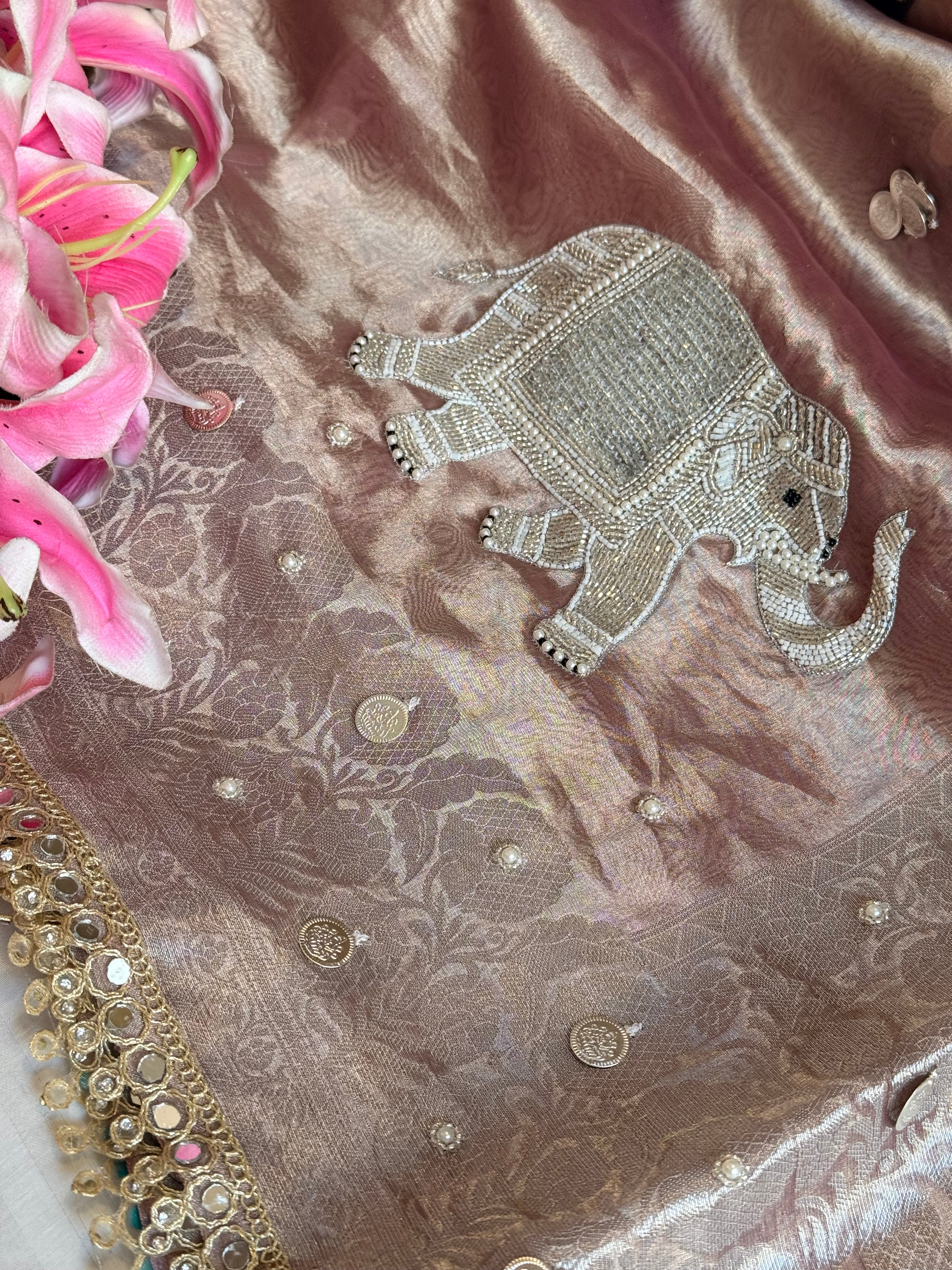 Gulabi jadau edit - Rose peach tissue silk jadau work hand embroidered saree