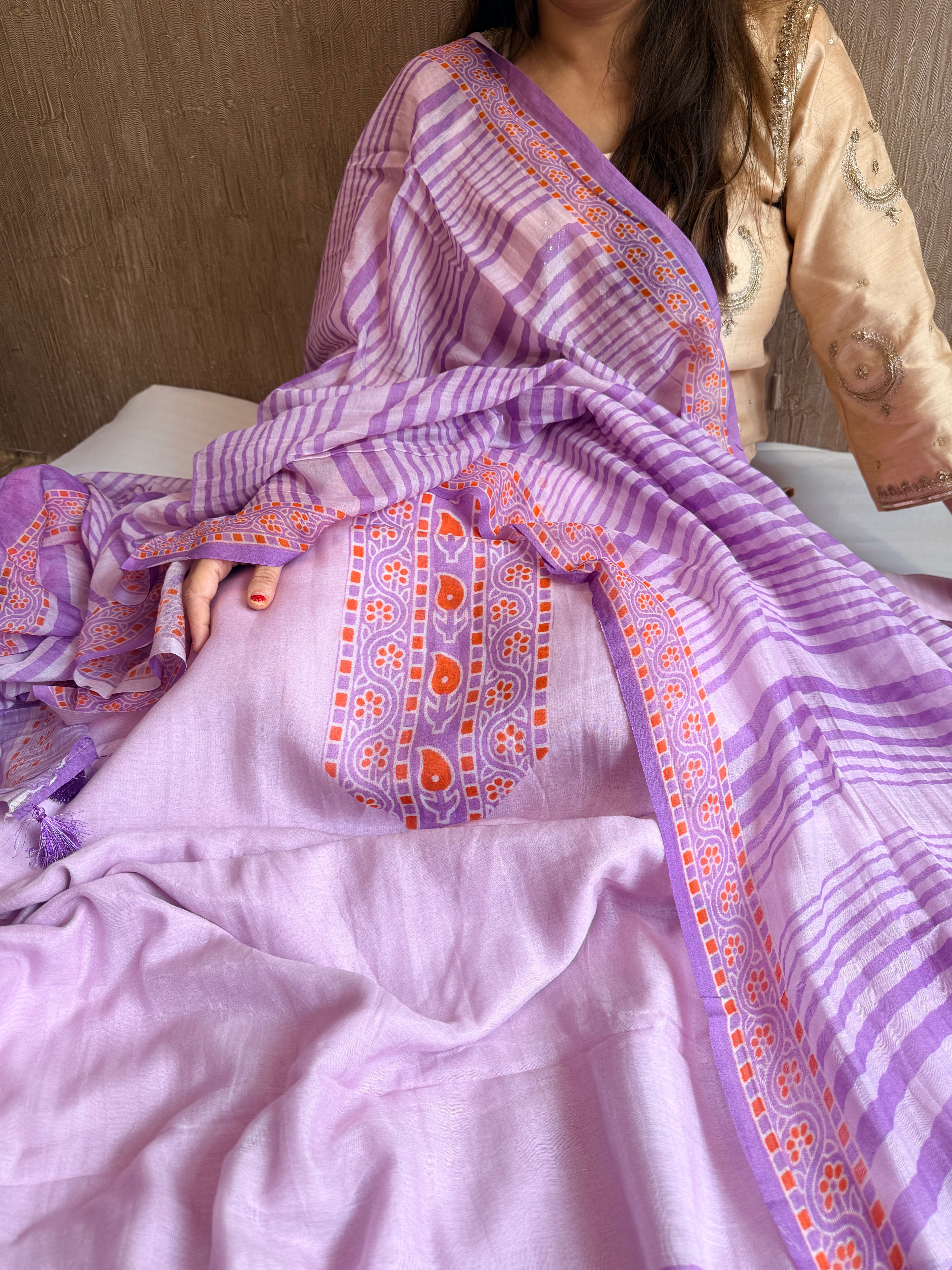 Lilac mul cotton printed kadhwa weaving suit set