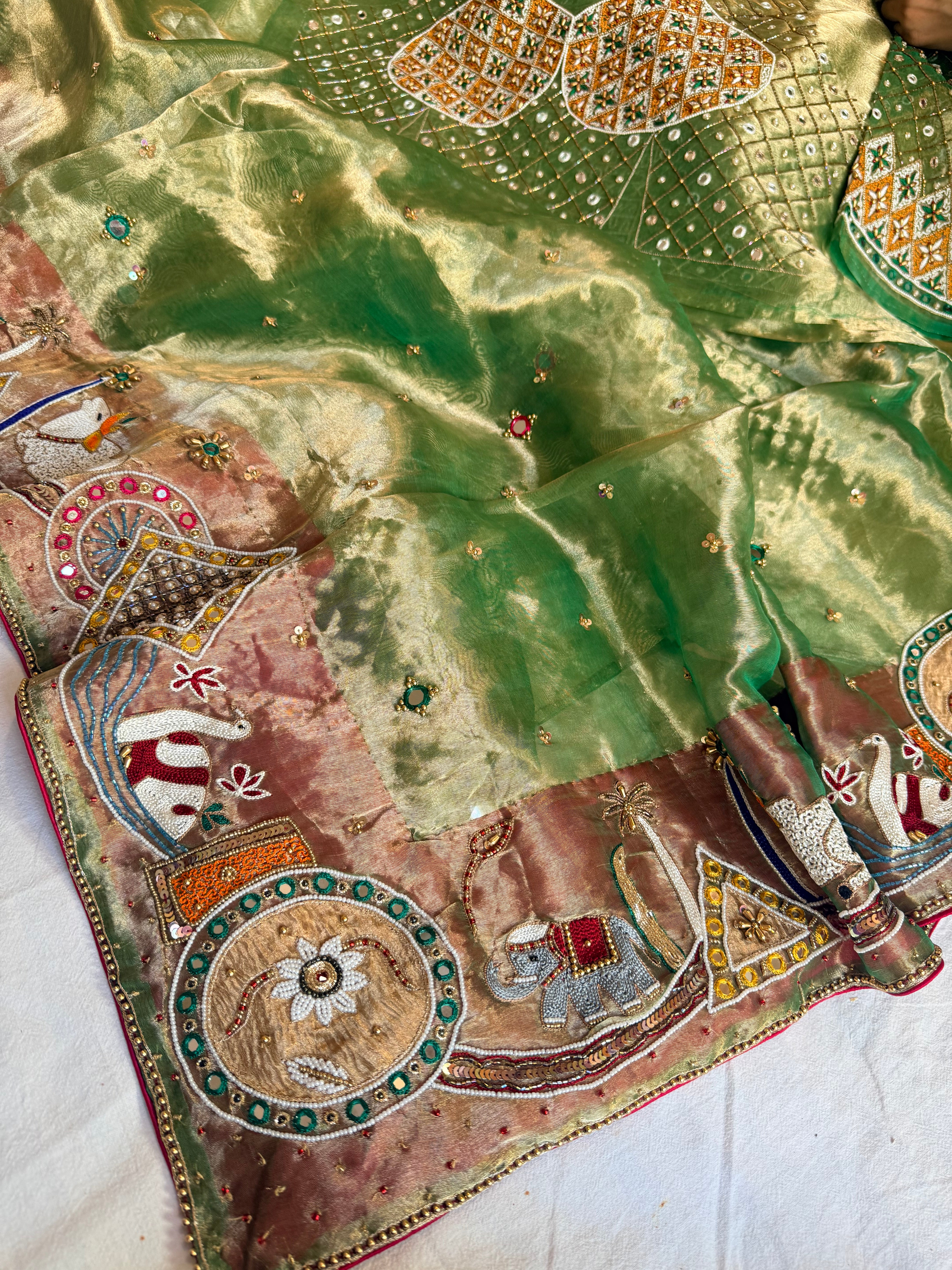 Godbharai wali saree - Emerald green diamond tissue silk hand embroidered saree