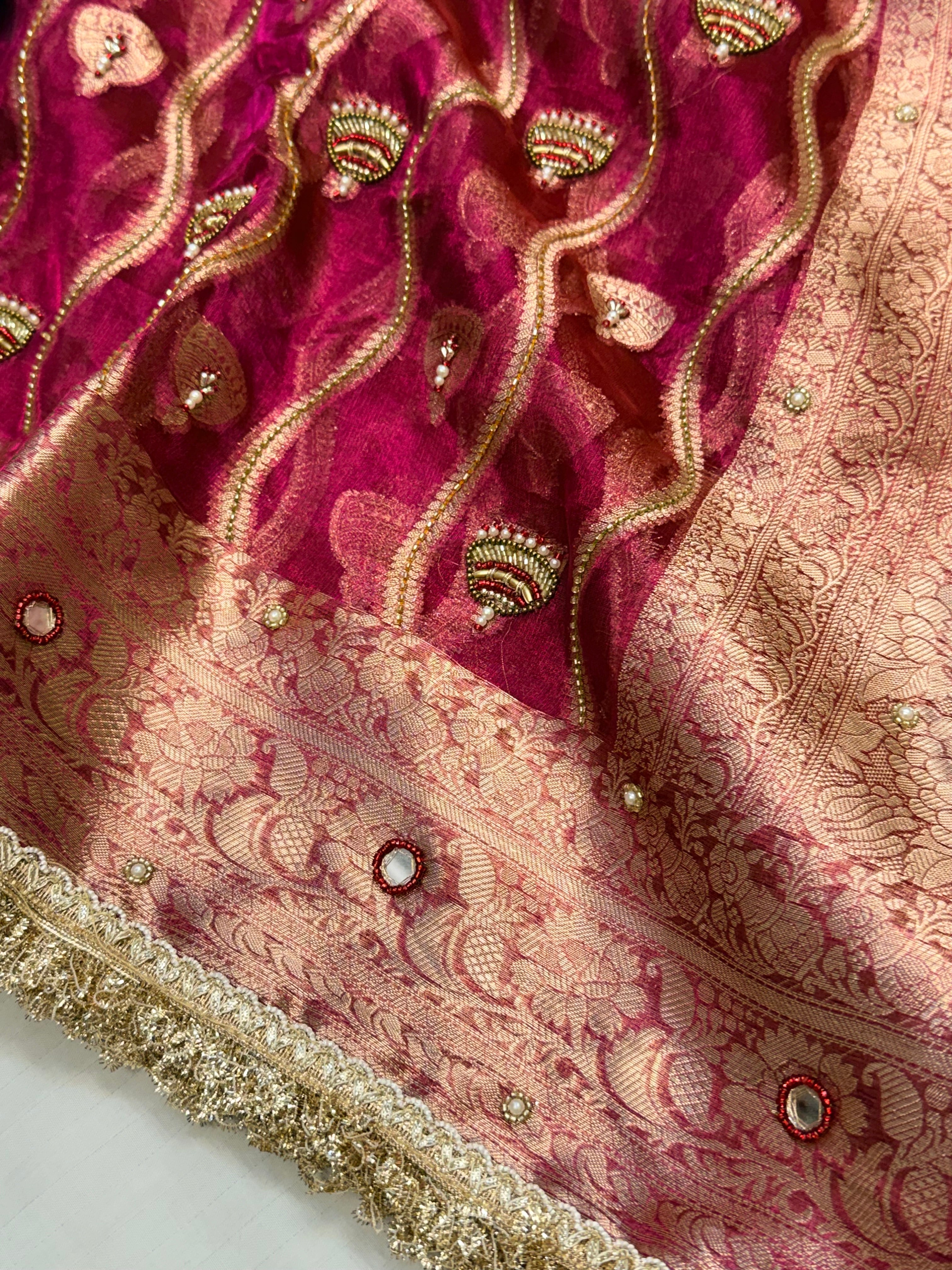 Hot pink metallic husn tissue silk jaalwork hand embroidered saree