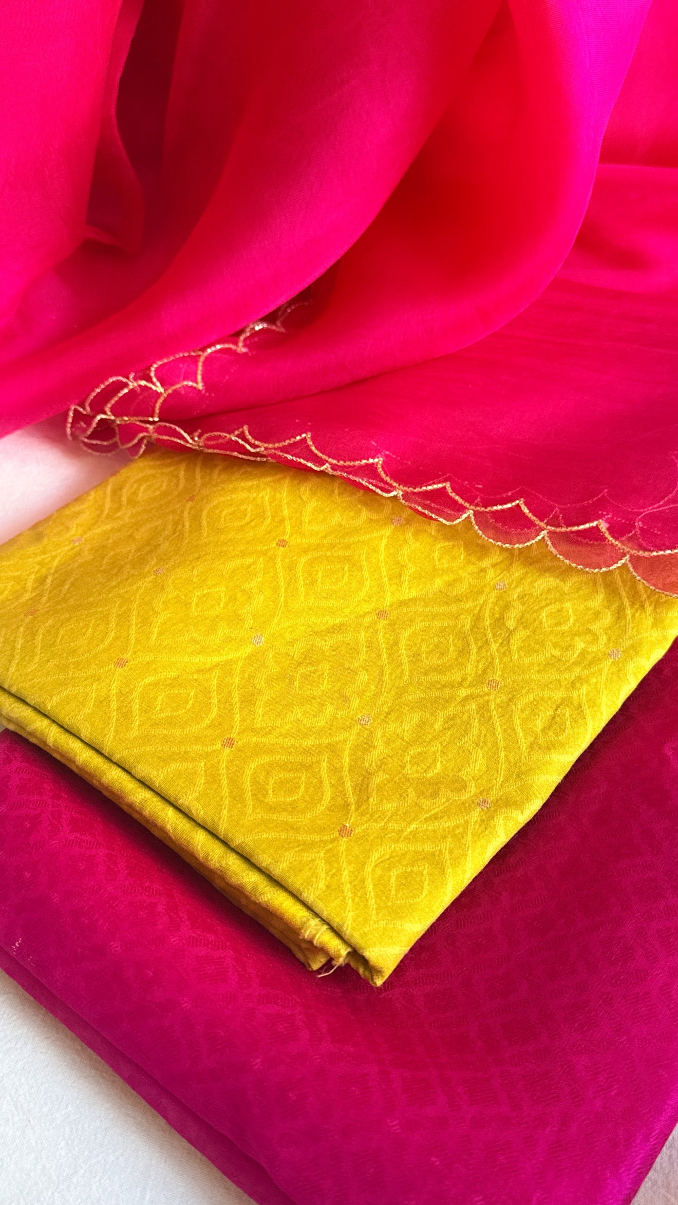 Summer suits under 8k - Mul cotton yellow kurta paired with rani scalloped kora silk duppata