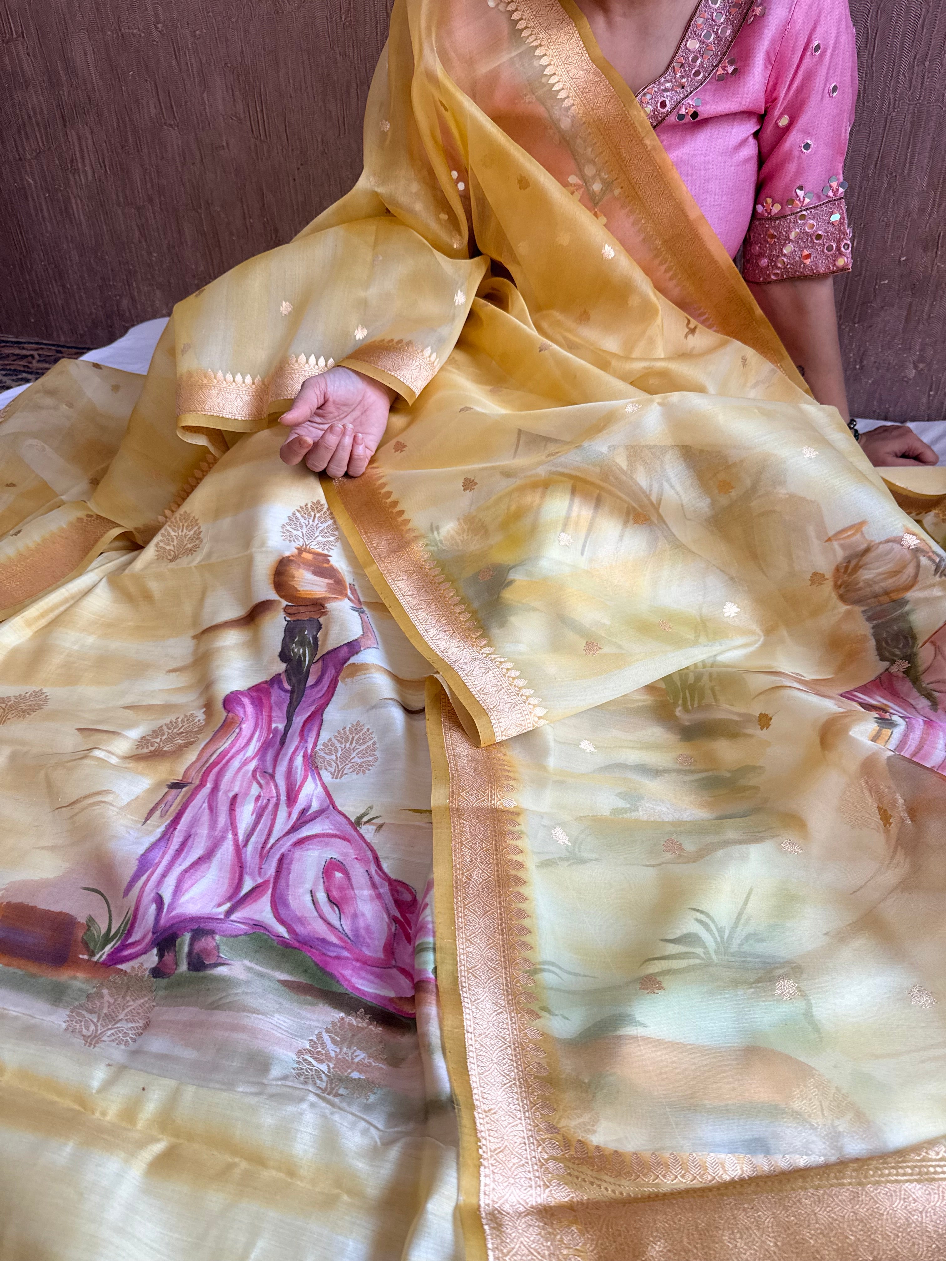 Banarasi kora silk handpainted ghatwork kadhwa buti rainbow dye suits