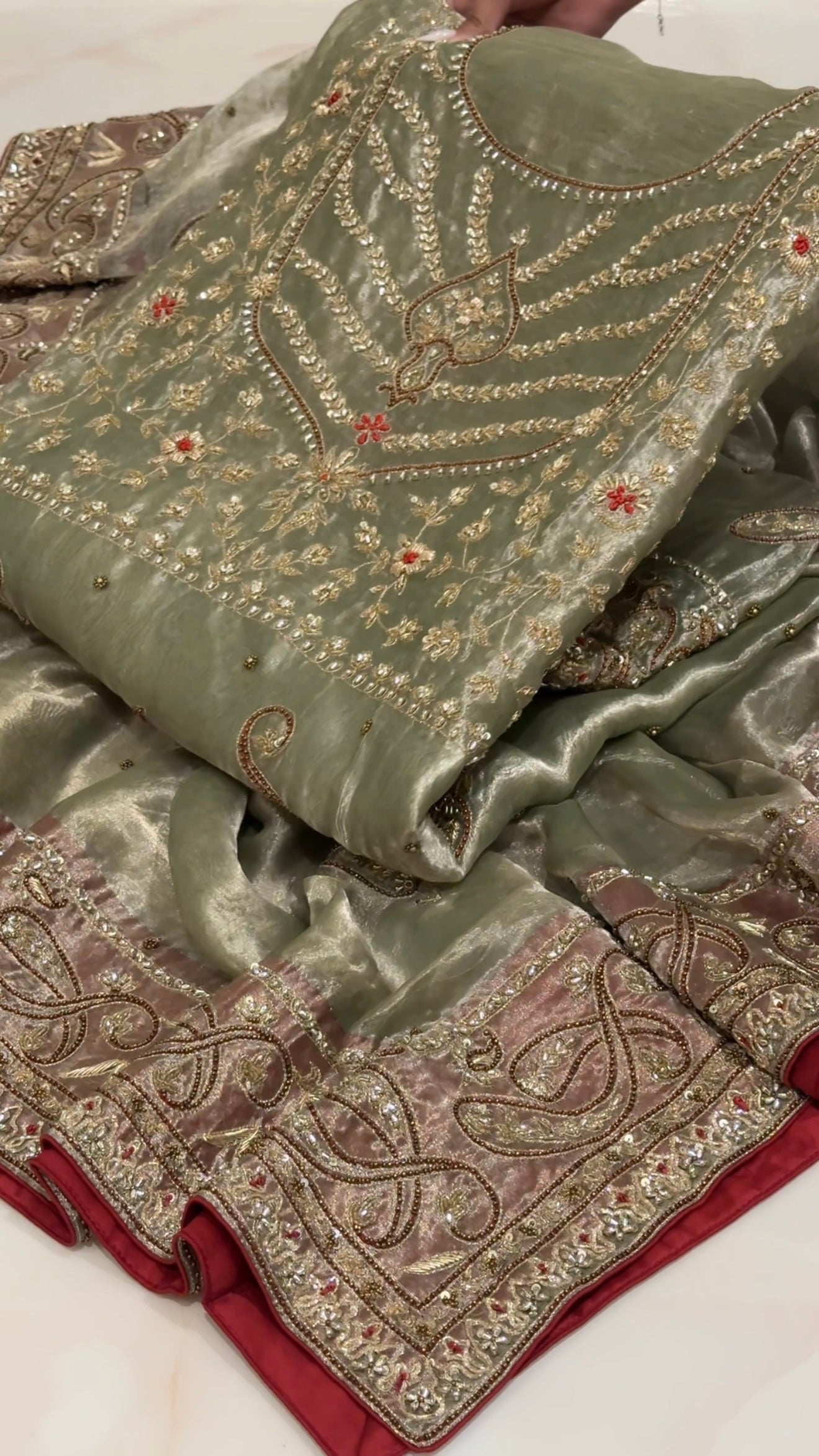 Umrao jaan inspired mint-red tissue silk hand embroidered kadhwa suit set