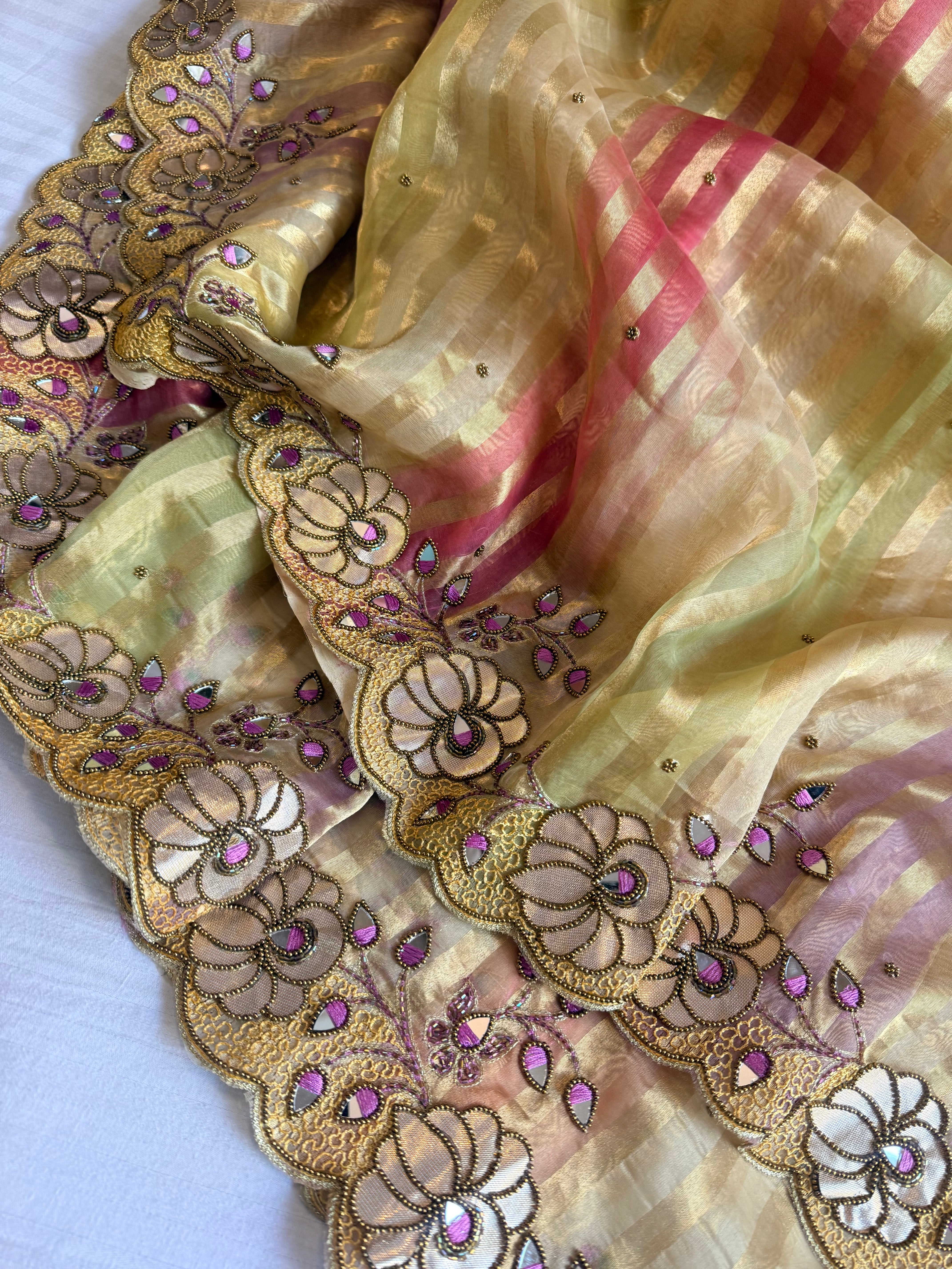 Phool wali rangeen tissue silk striped rangkaat hand embroidered saree