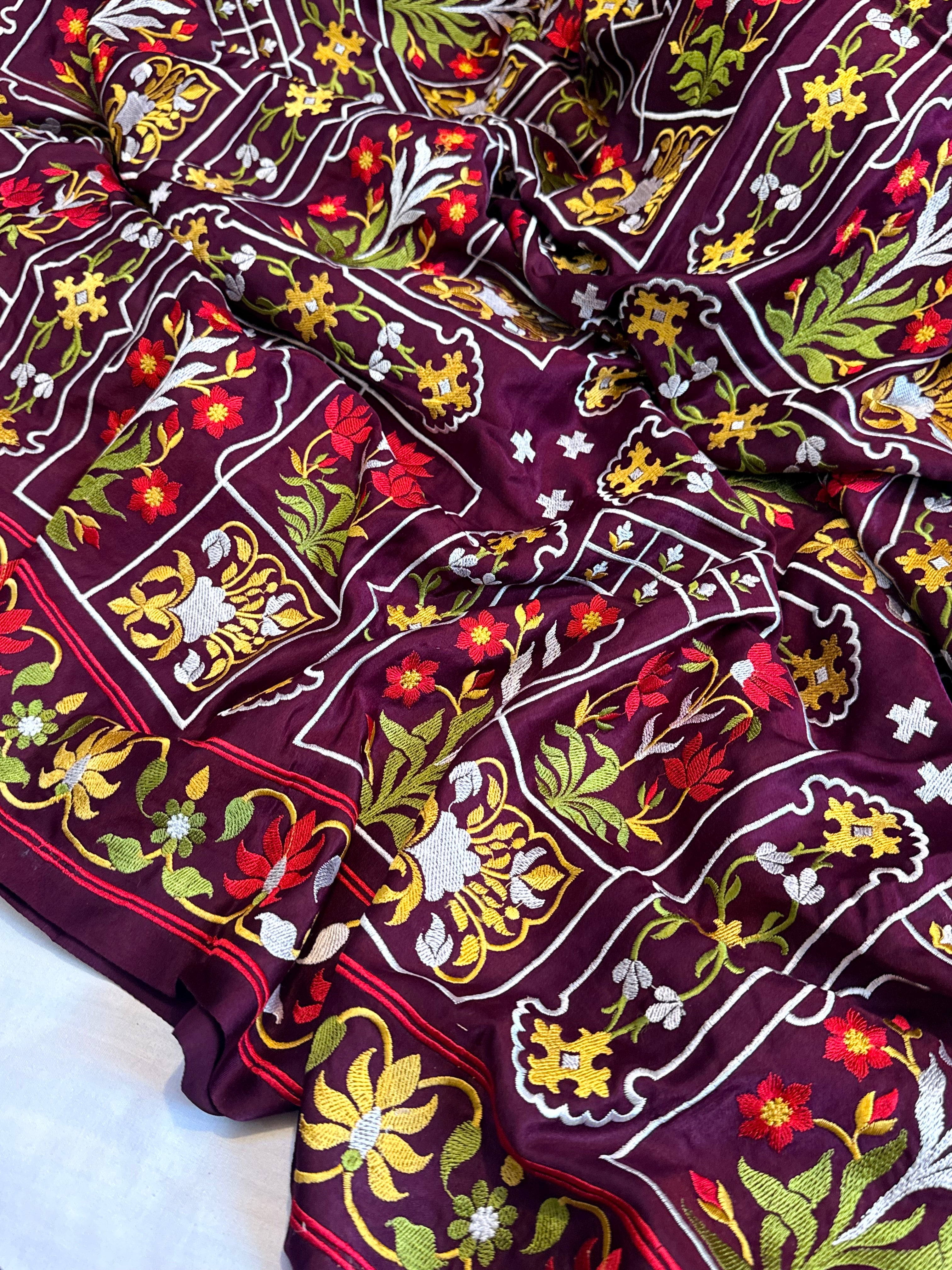 Jamdani hand embroidered wine mashru silk thread embroidered saree