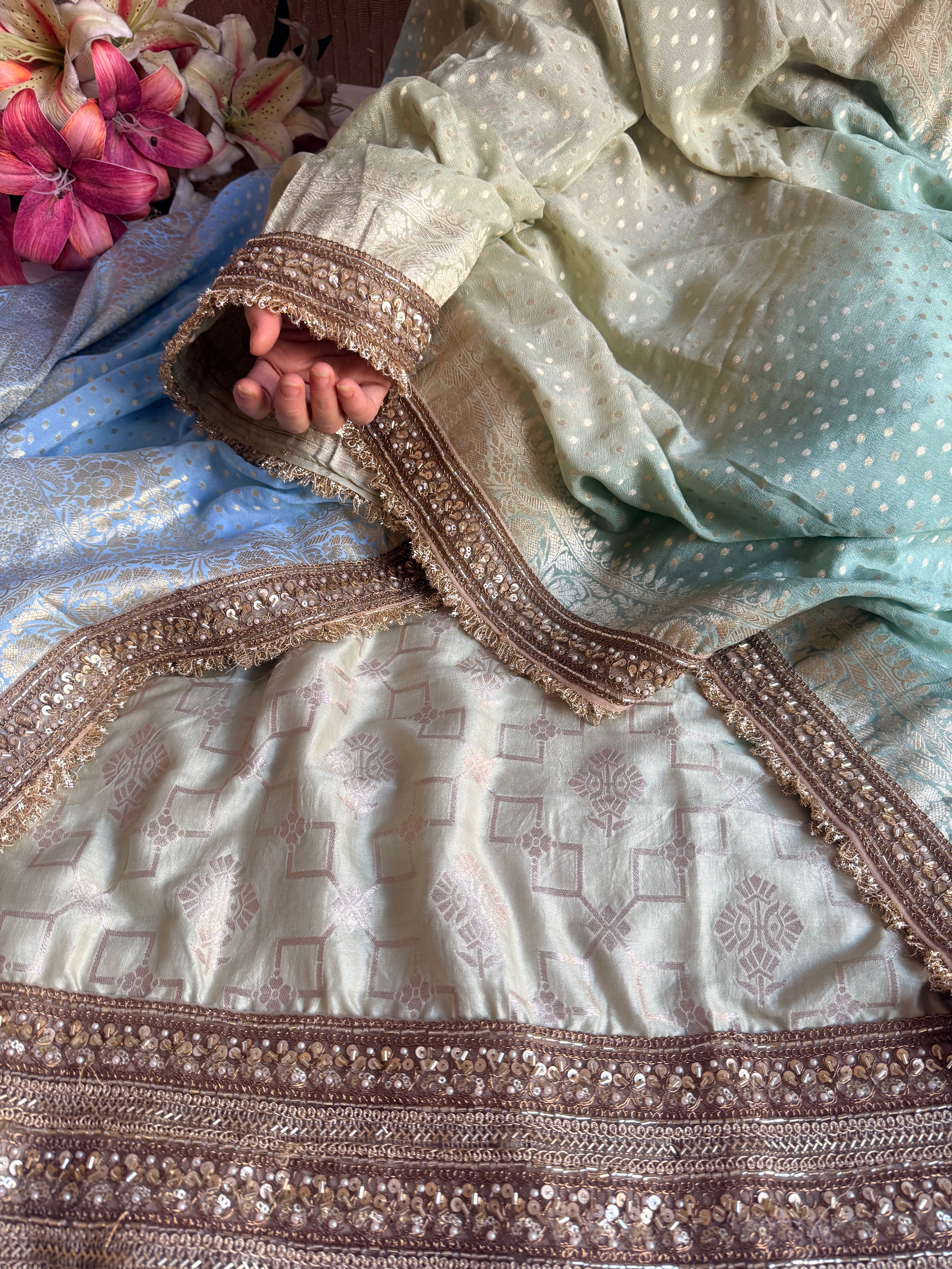 Multishaded moonga silk zardozi work hand embroidered suit sets