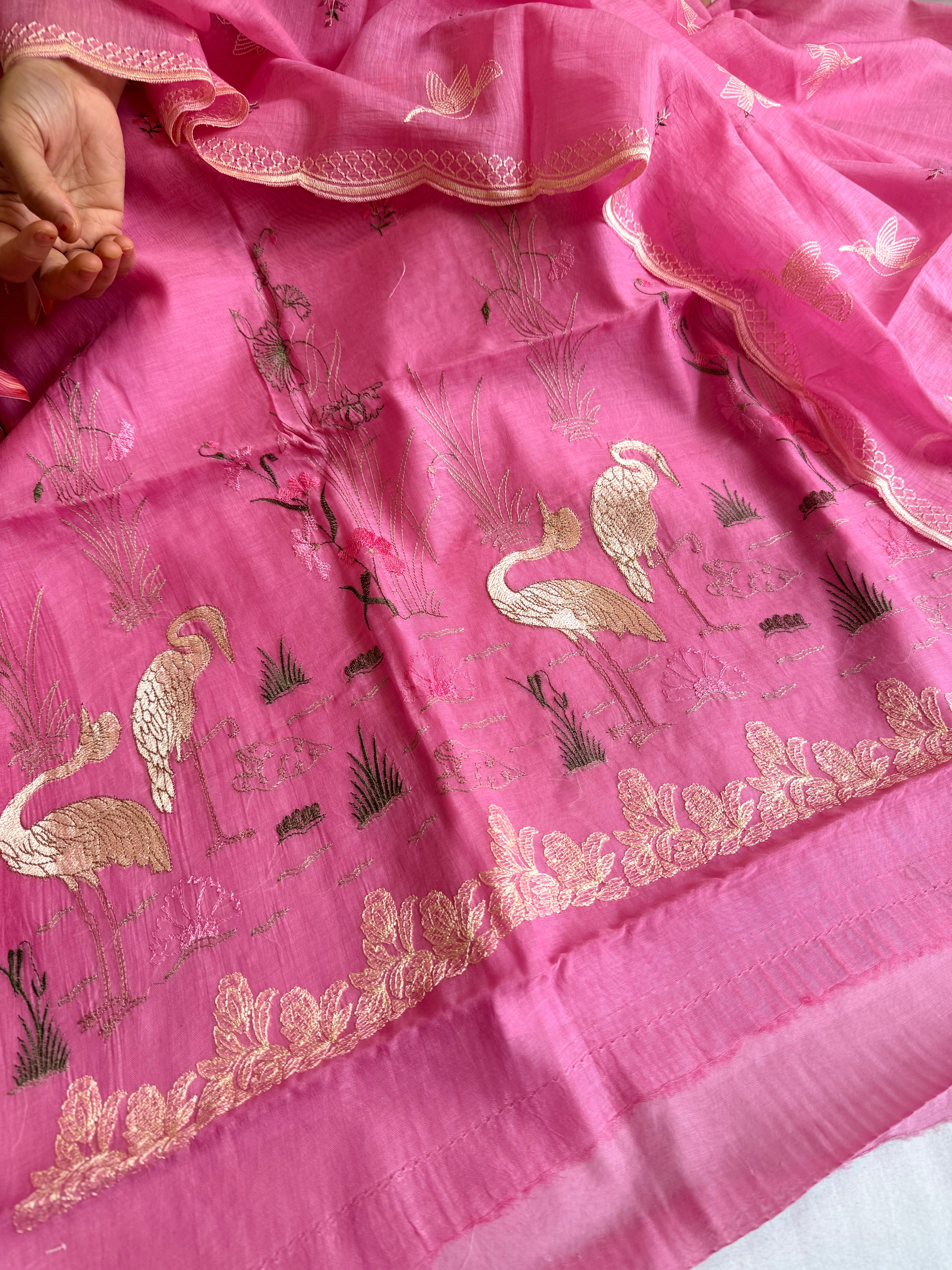 Candy pink mul cotton flamingo resham hand embroidered suit set