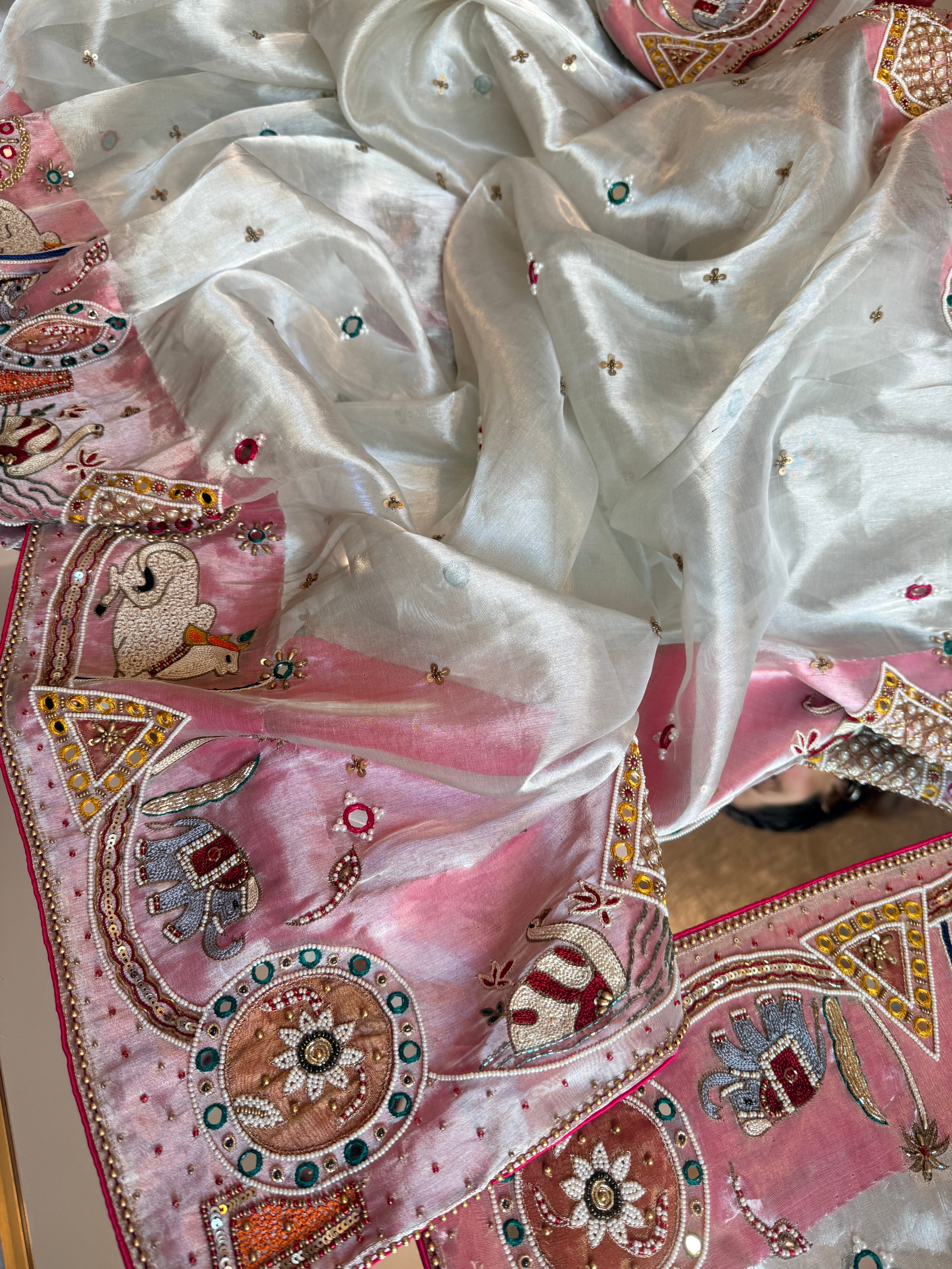 Sufi night saree - Diamond tissue silk kutchi meenakari work hand embroidered saree