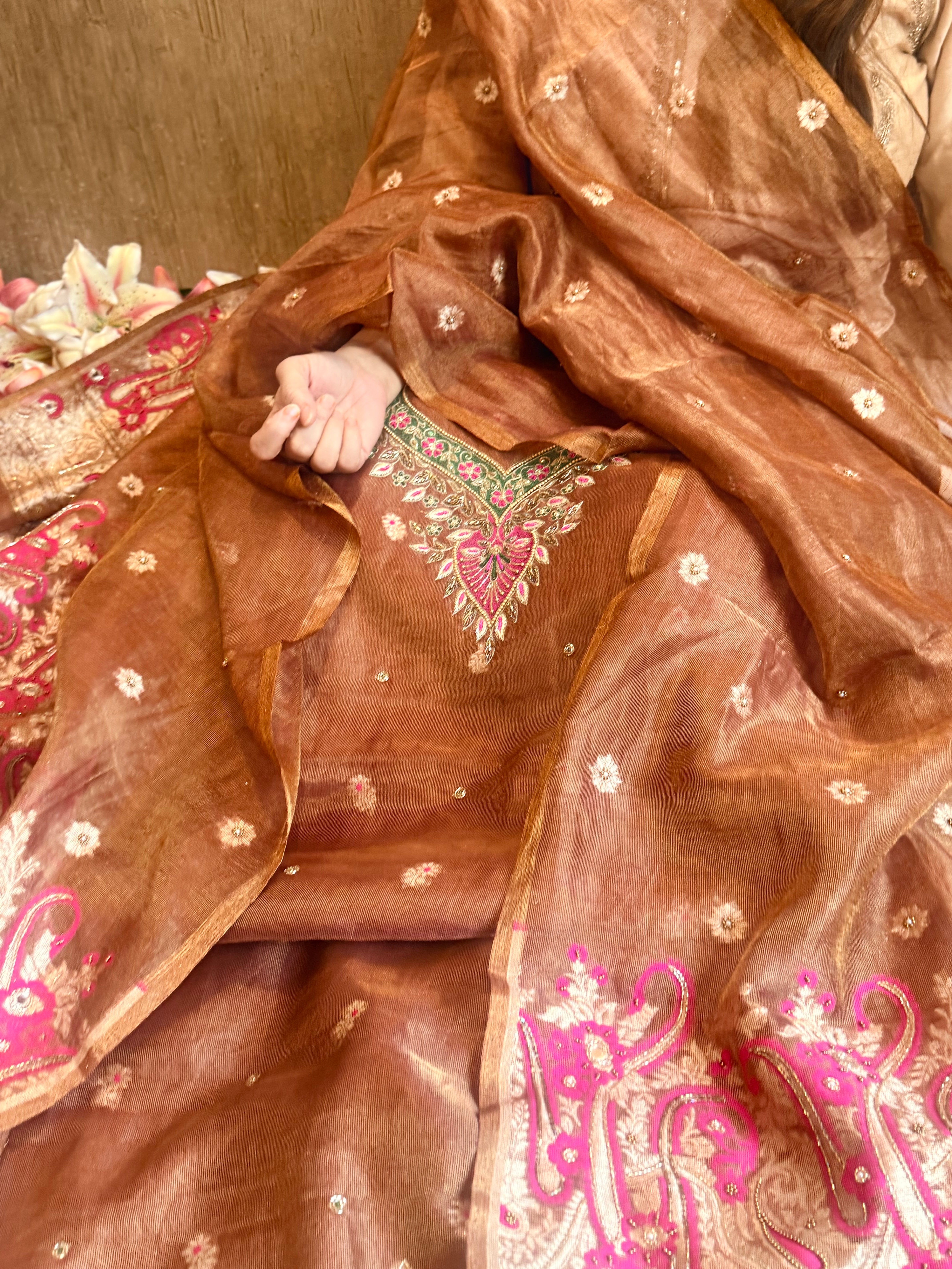 Choco brown mul tissue linen meenakari hand embroidered suit sets
