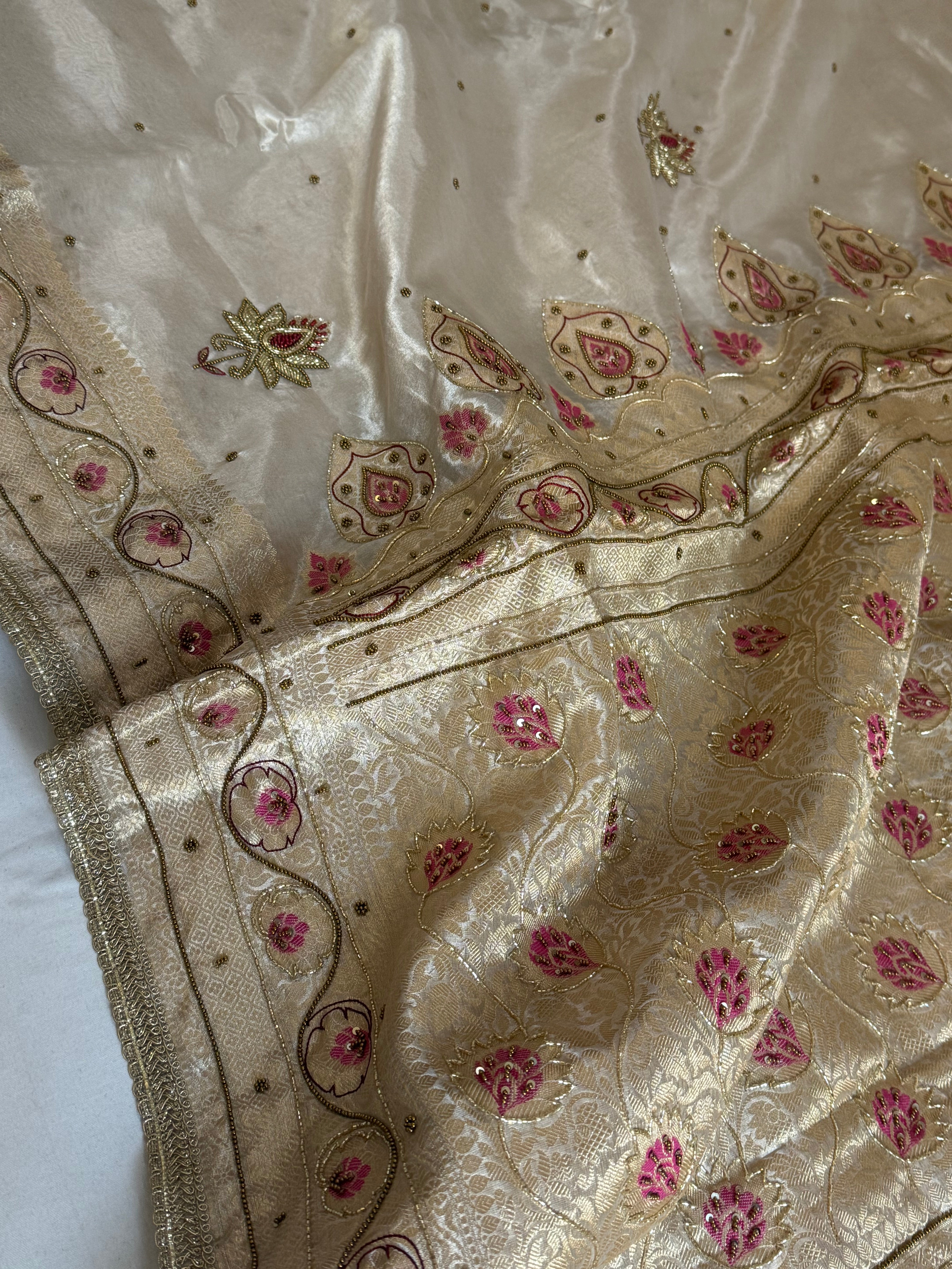 Moonlight silver diamond tissue pink meenakari kadhwa hand embroidered saree