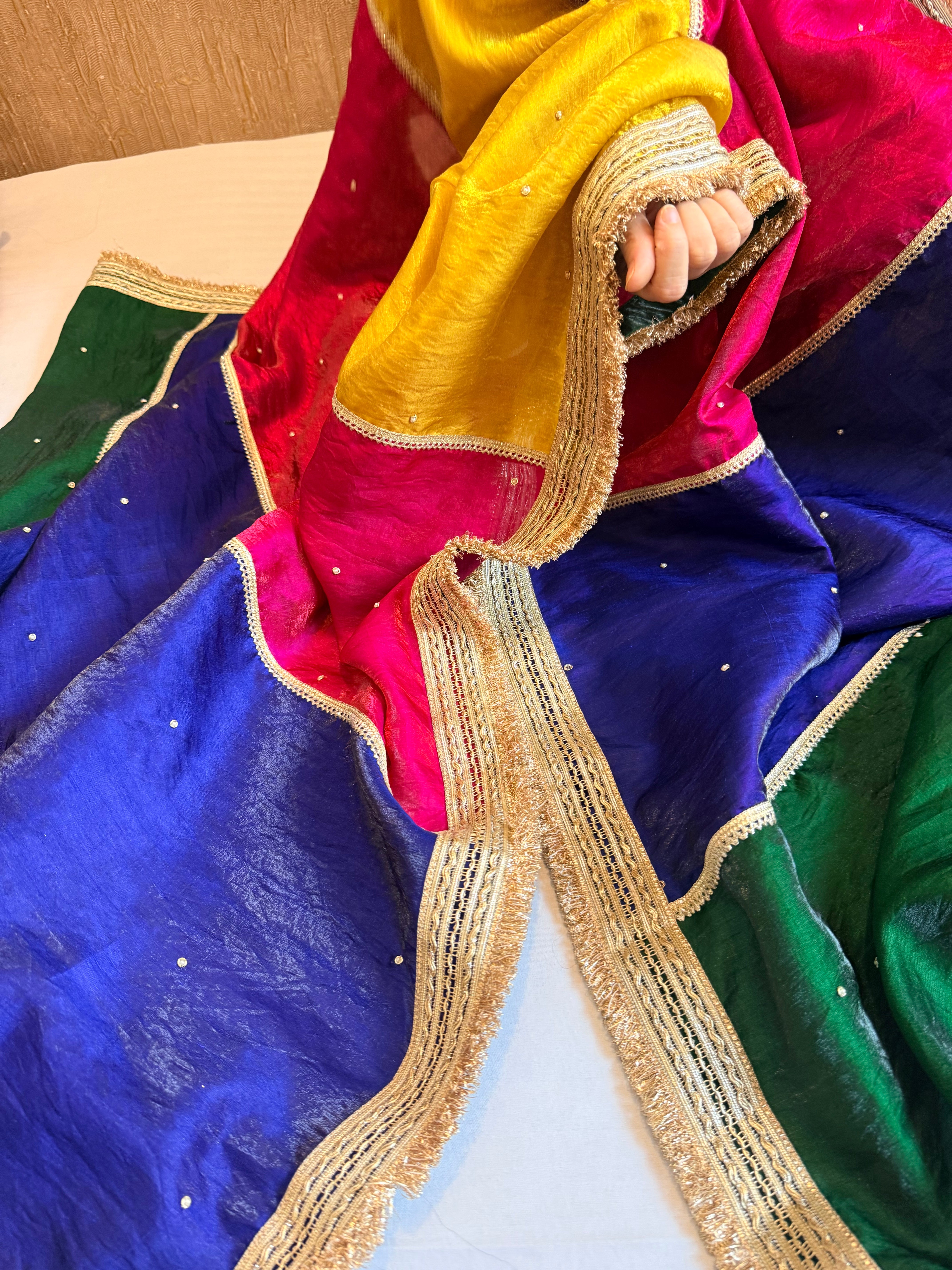 Pakistani tukdi multicolour satin tissue hand embroidered kadhwa duppata