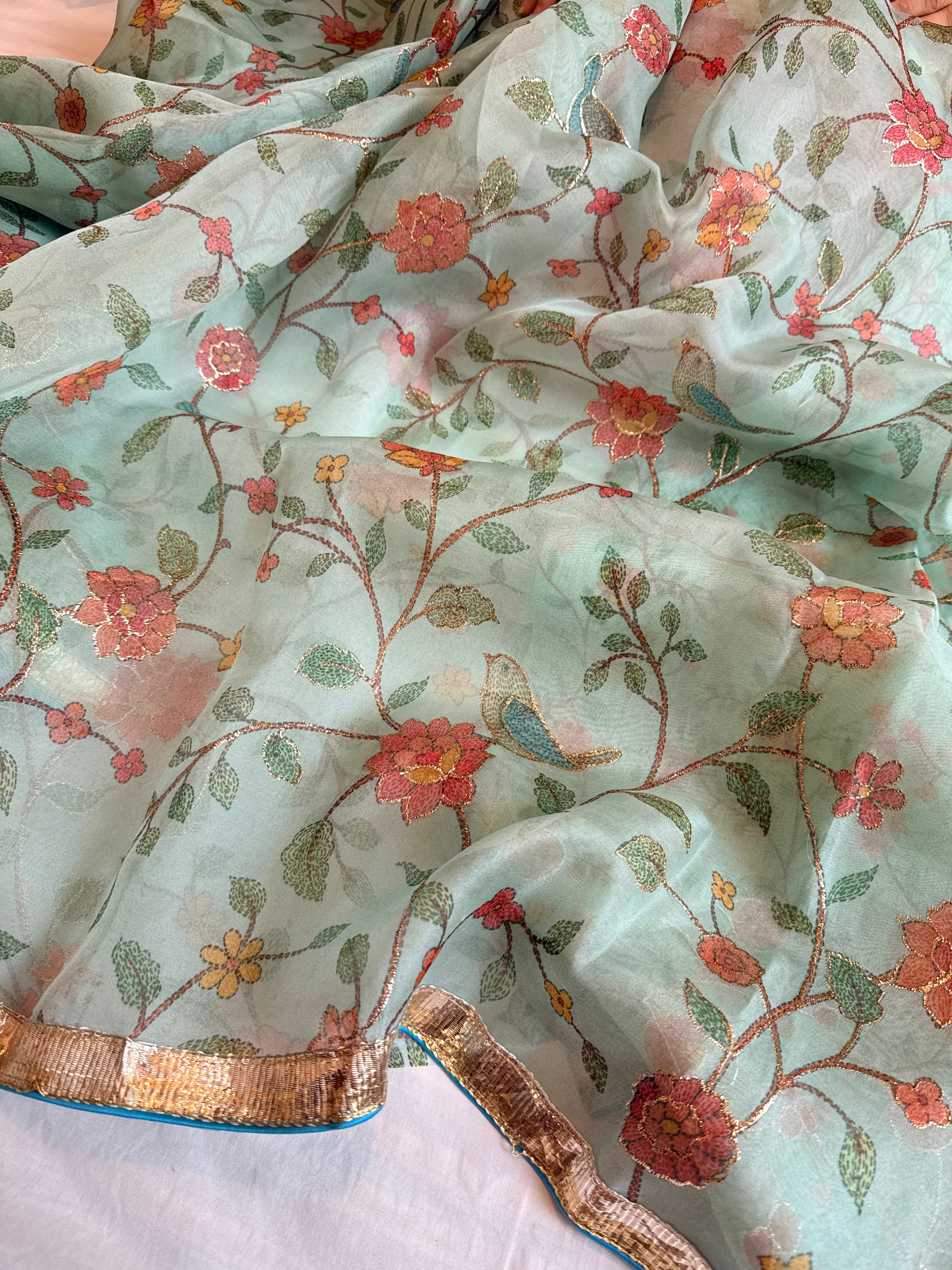 Kora silk printed lampi gotapatti hand embroidered saree