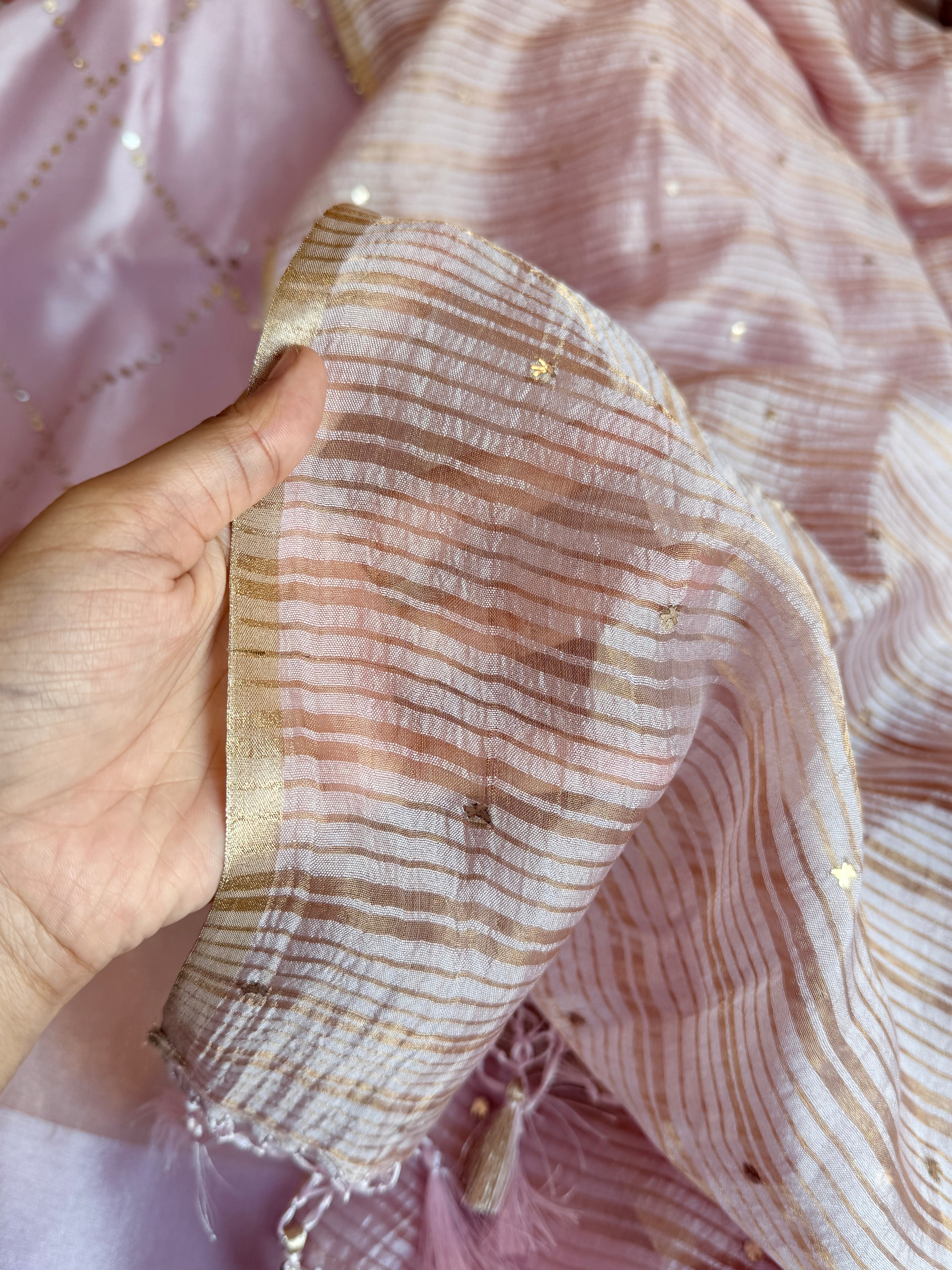 Summer suit edit - Spun chiniya silk mukaish work blush pink hand embroidered suit set