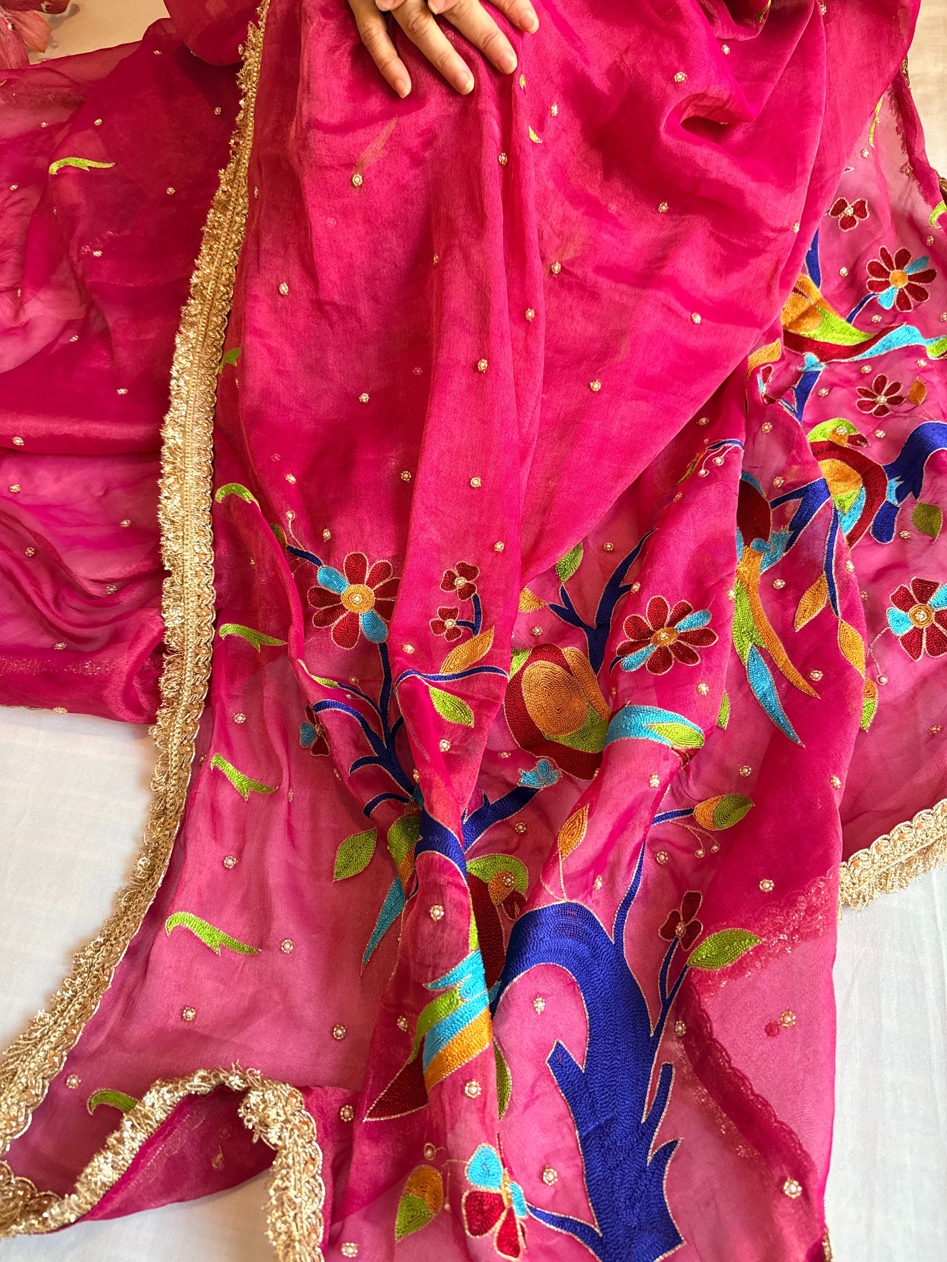 Strawberry pink tissue gorgette paithani meenakari hand embroidered saree