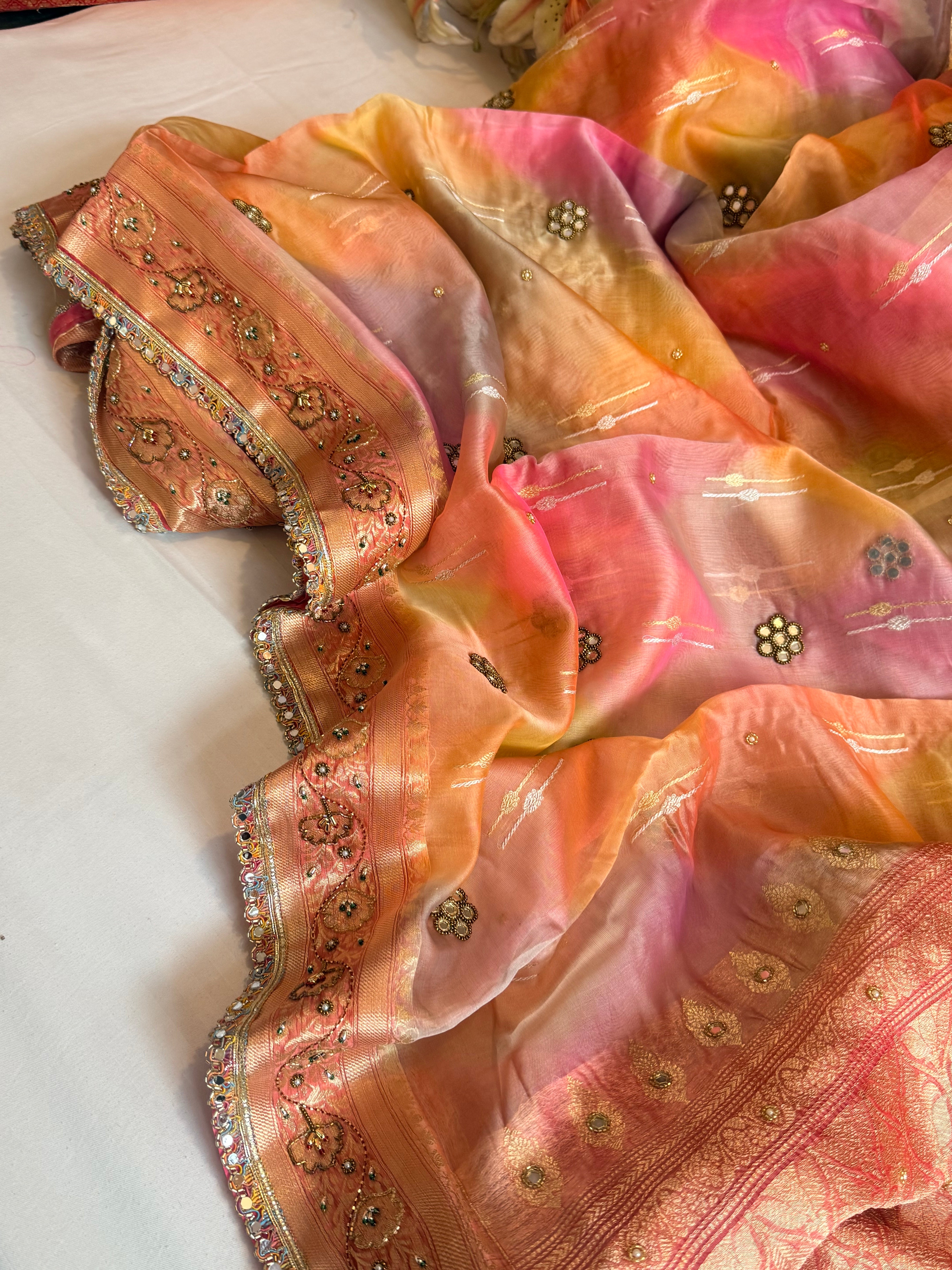 Gulab ka ras - Kora silk rangkaat weaving hand embroidered zubieda inspired saree