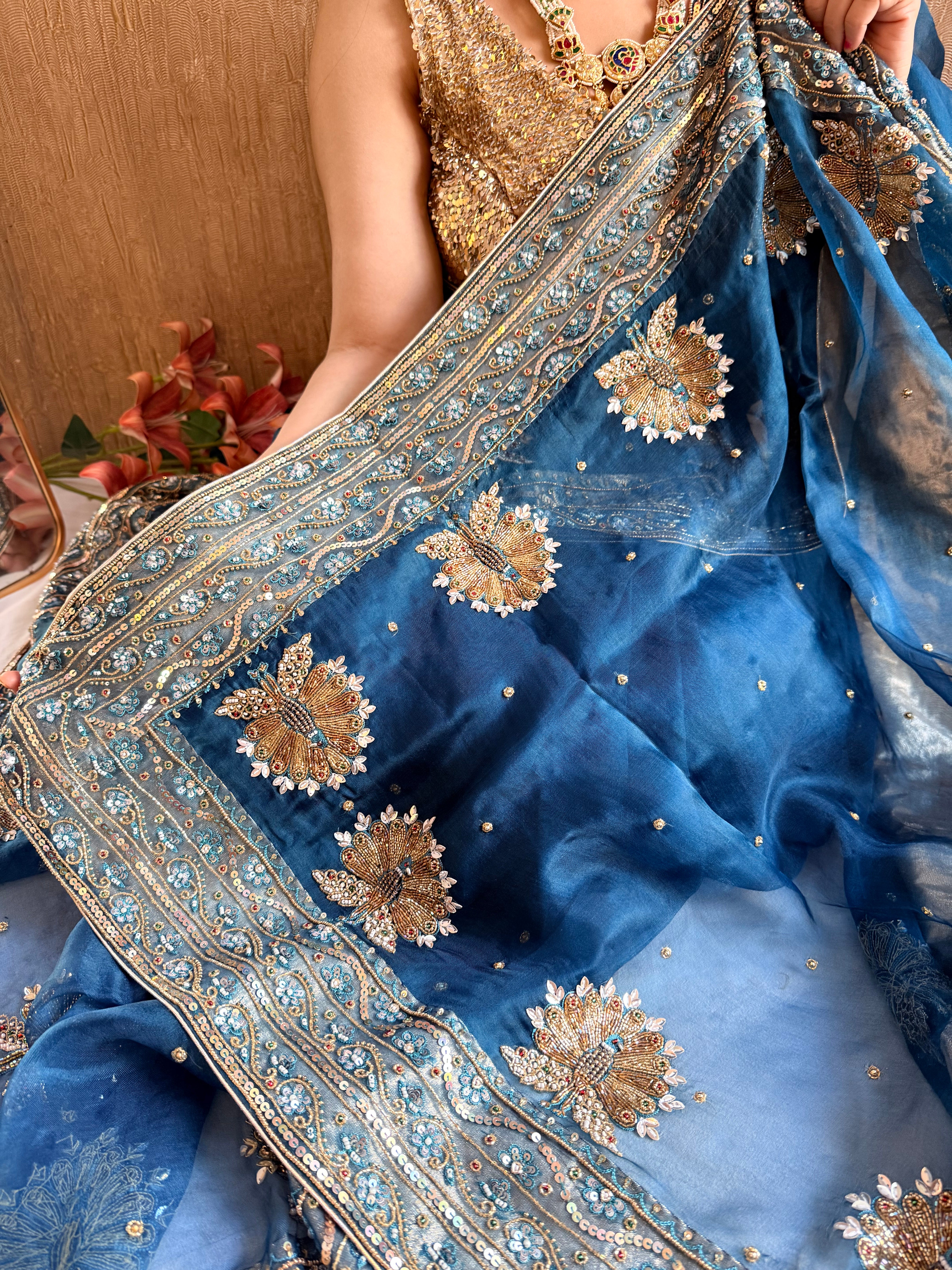 Morpankh edit - Peacock blue kora silk zardozi hand embroidered mor motif saree
