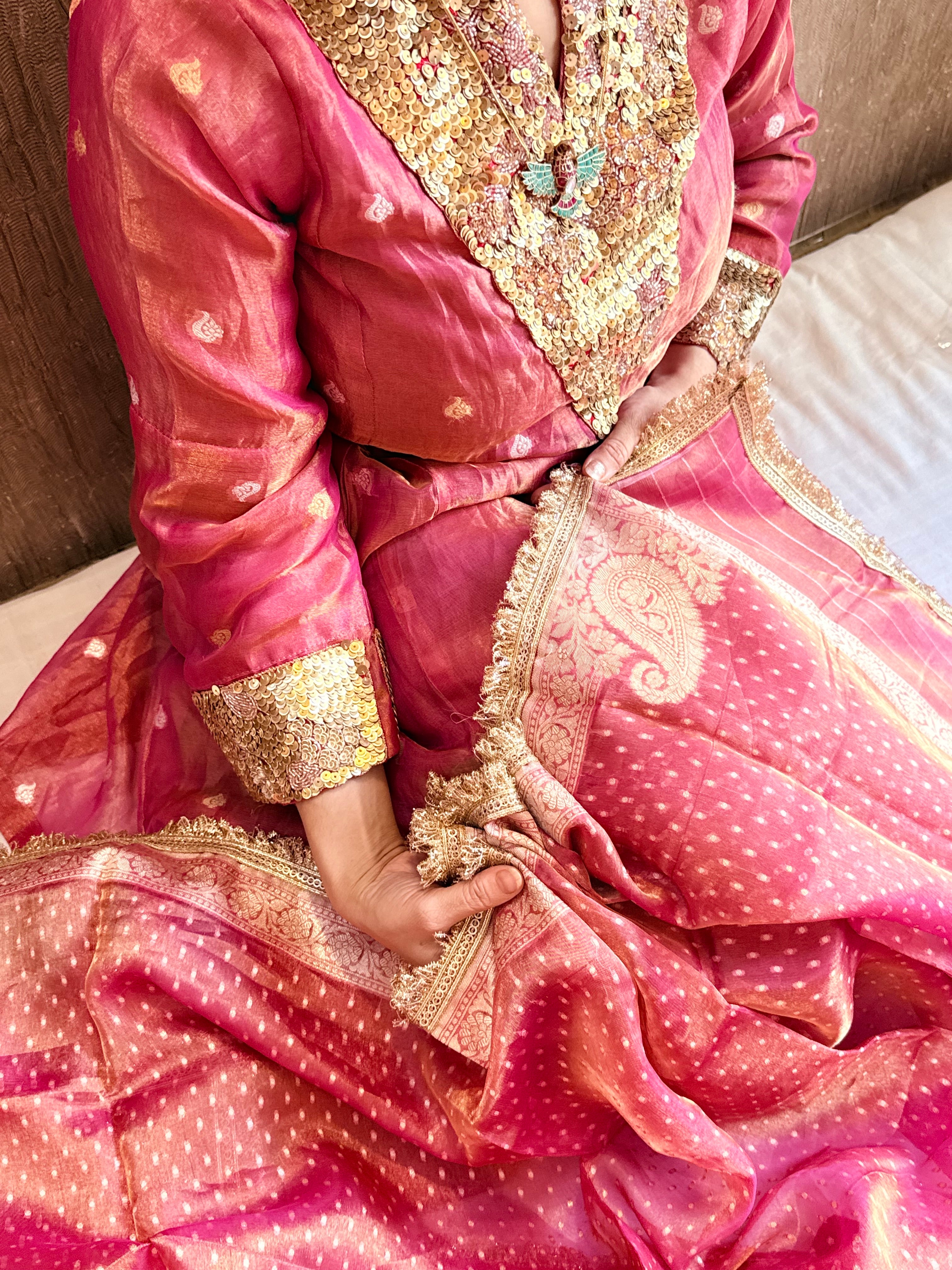 Karwachauth edit tissue silk sequins work hand embroidered suits ( STITCHED SIZE M )
