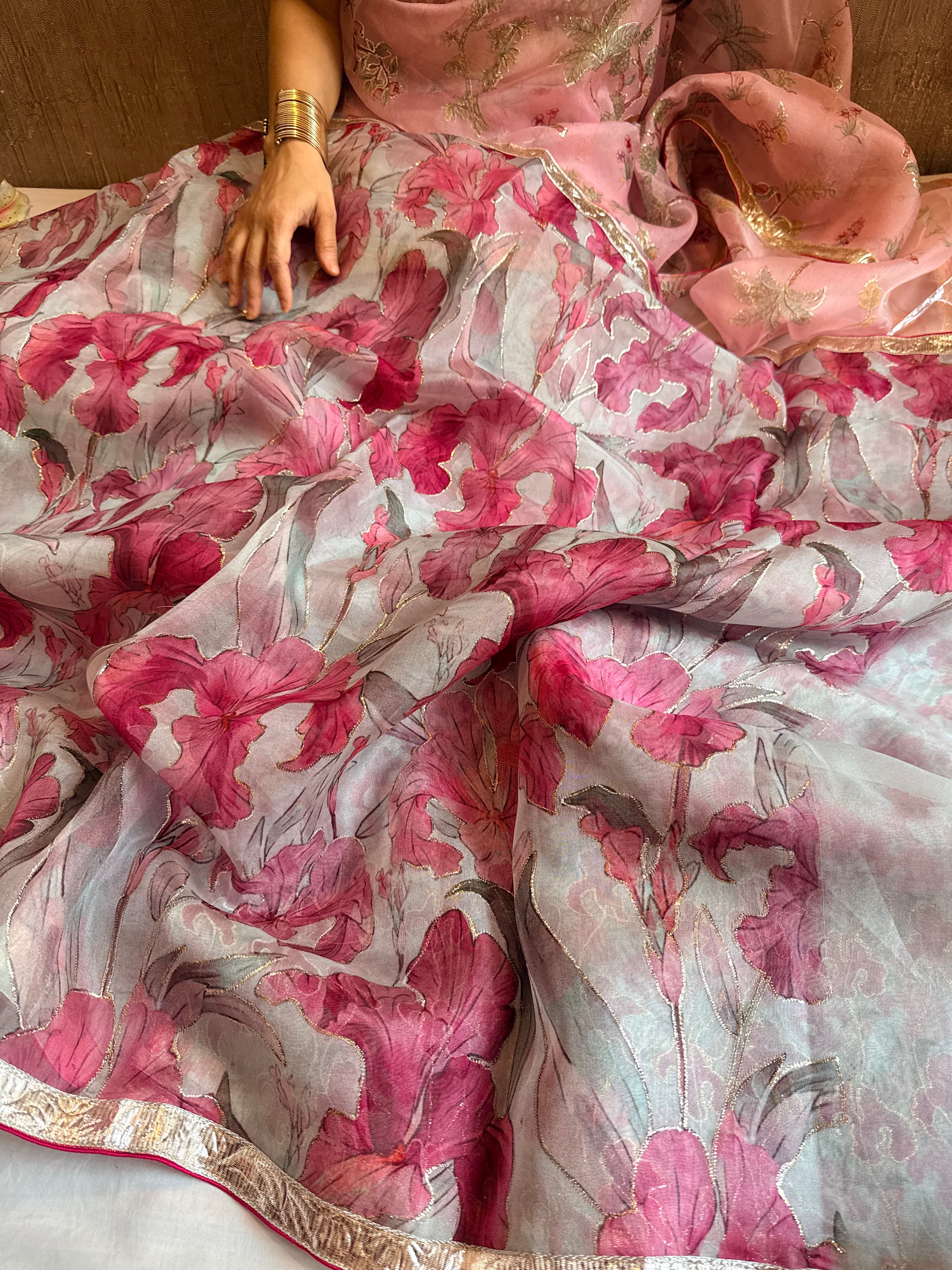 Kora silk printed lampi gotapatti hand embroidered saree
