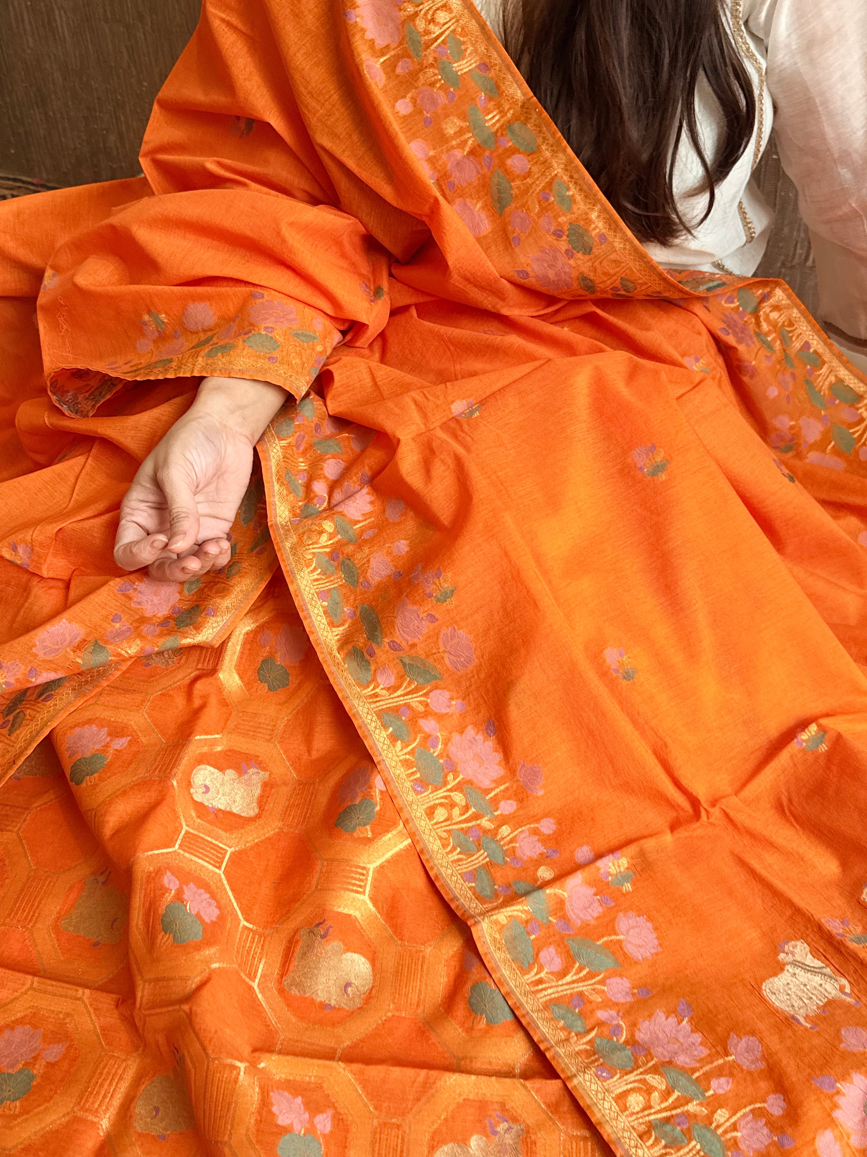 Mul cotton banarasi meenakari nandu motif suit sets