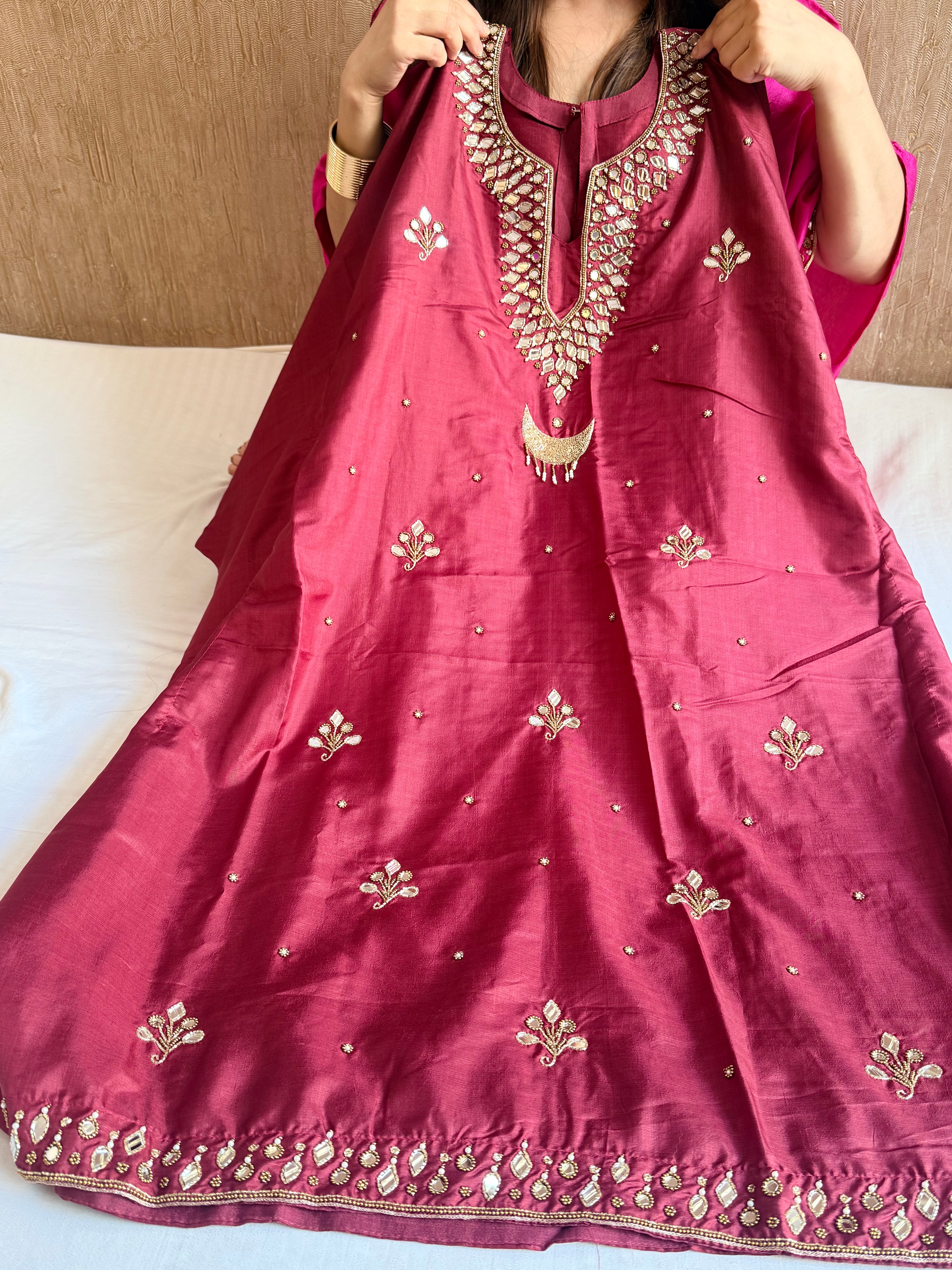 Mashru satin silk banarasi mirrorwork free size kaftan set with bottom