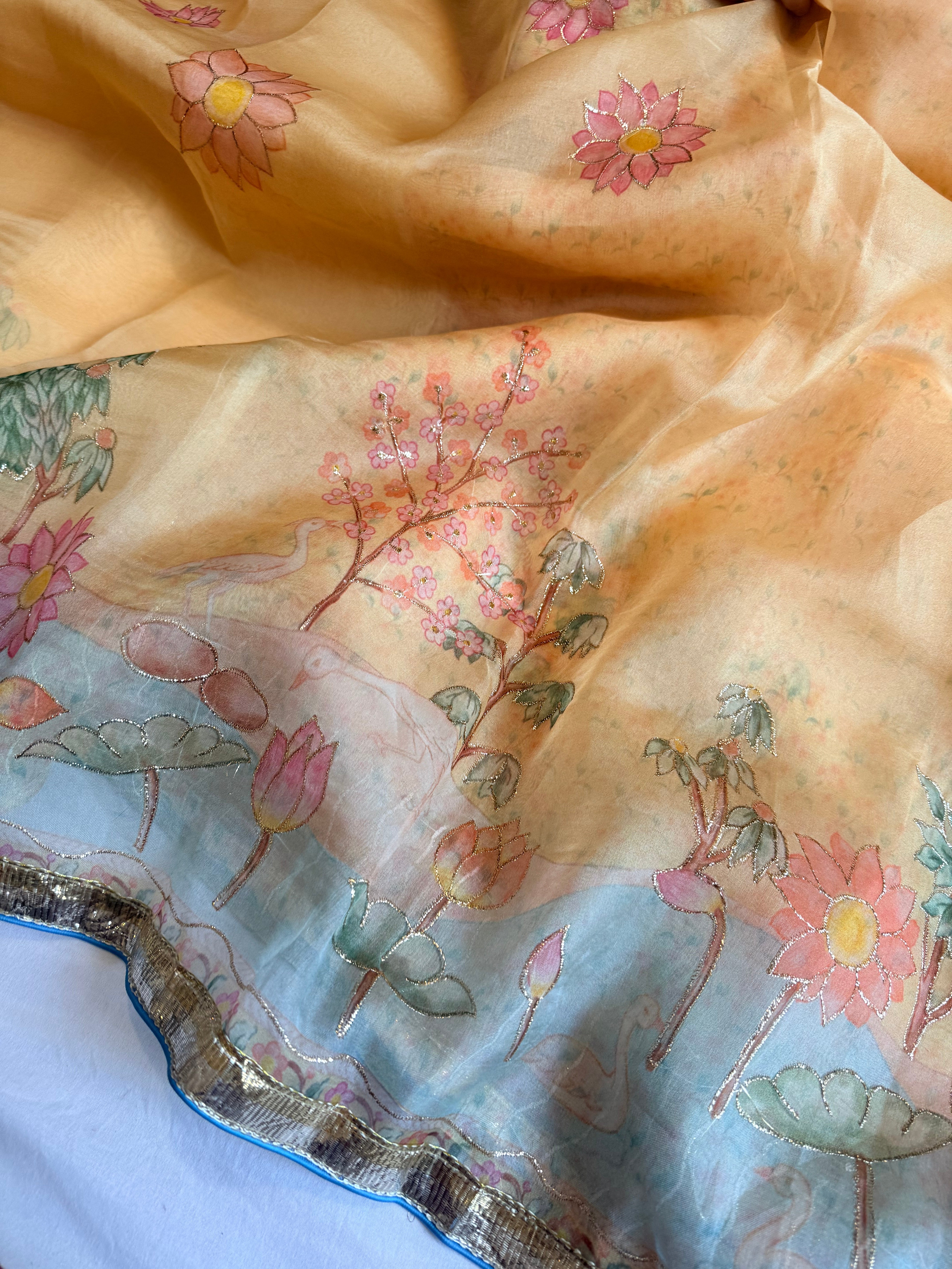 Kora silk printed lampi gotapatti hand embroidered saree