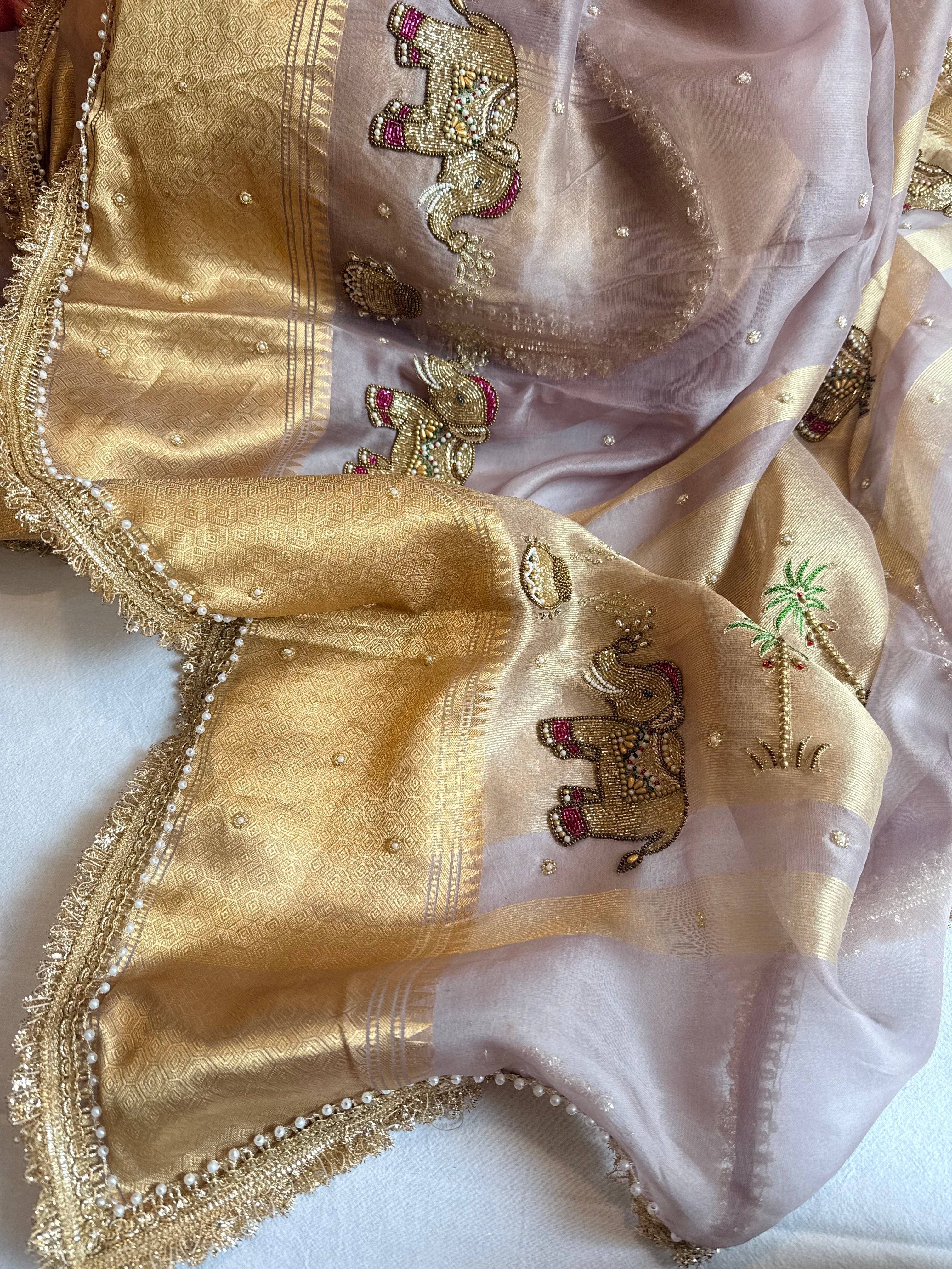 Tyohaar edit - Chap dye kora silk elephant motif hand embroidered saree