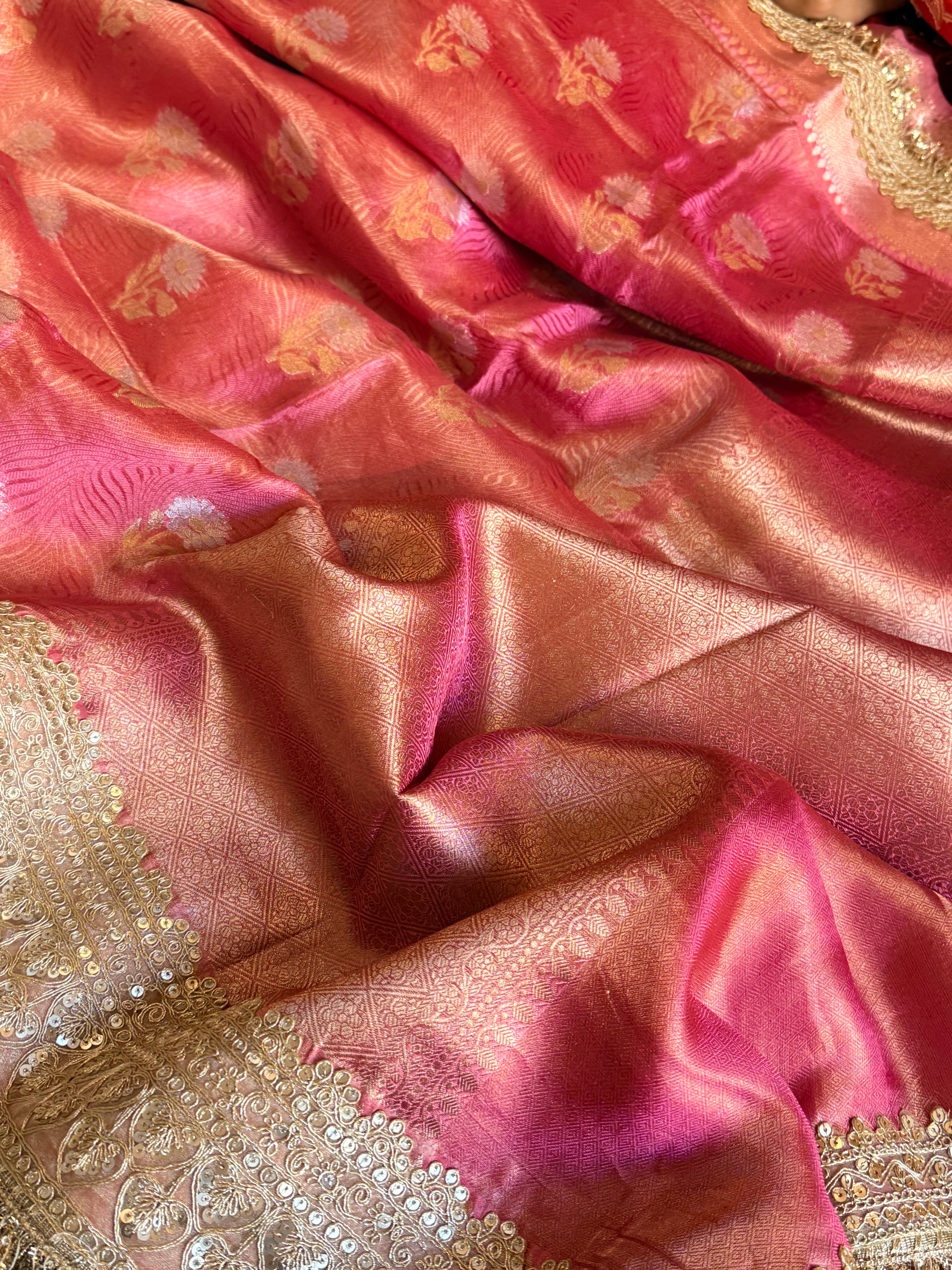 Strawberry pink tissue gorgette sona rupa buti kadhwa saree