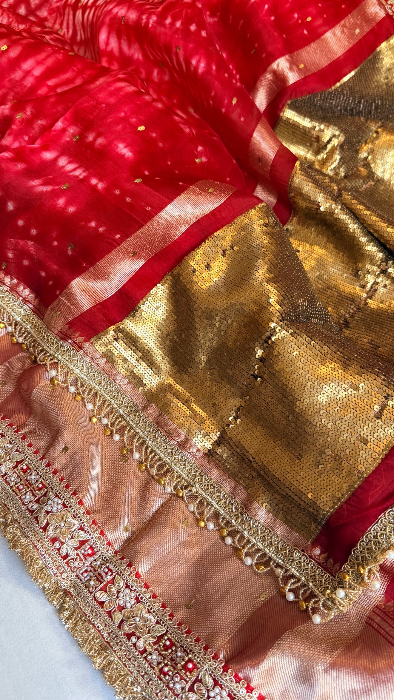 Chan Chan ghungroo blood red work kora silk leheriya dye kadhwa saree