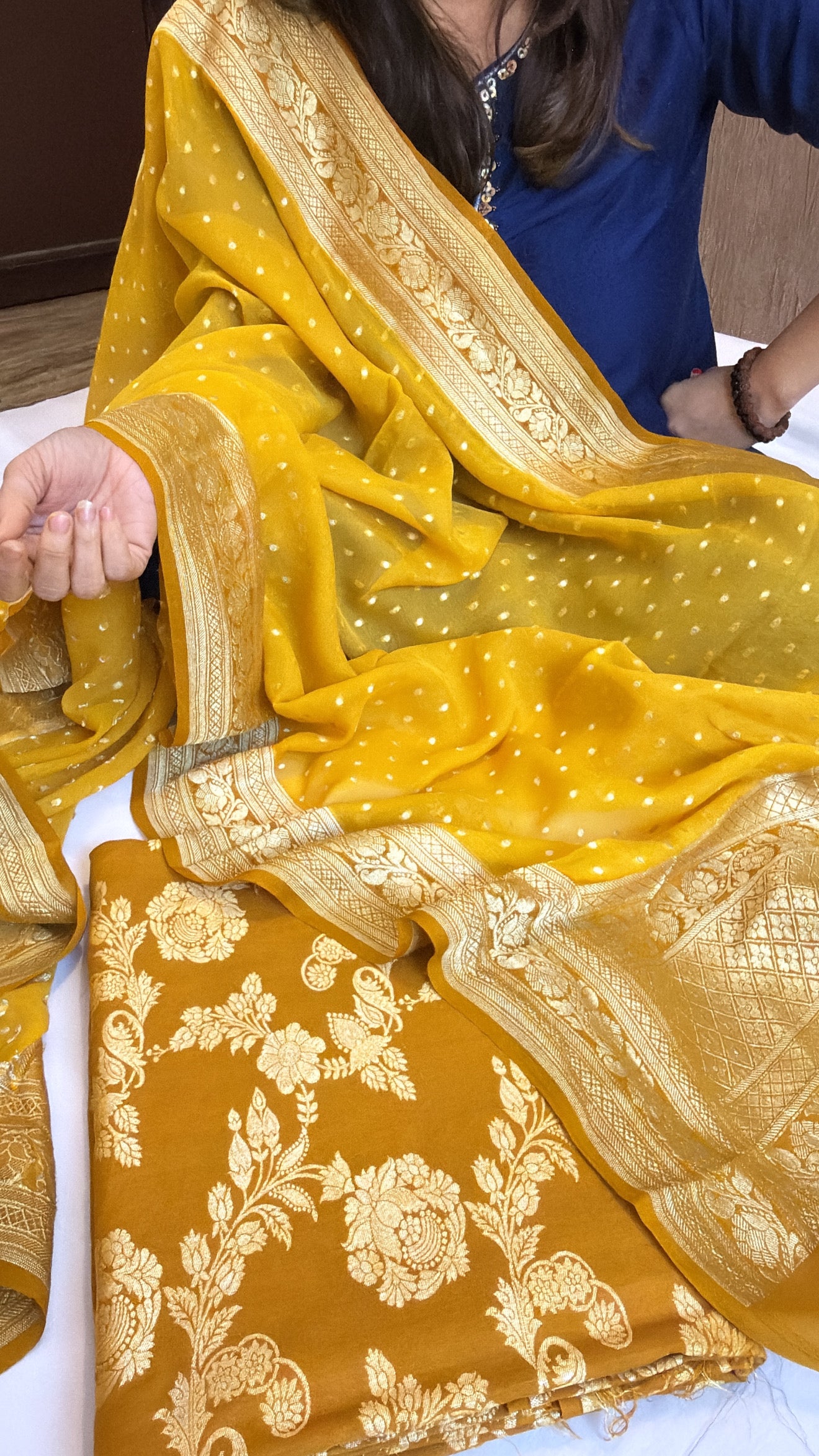 Olive gold-mustard chap dye moonga silk kurta paired with gorgette duppata set