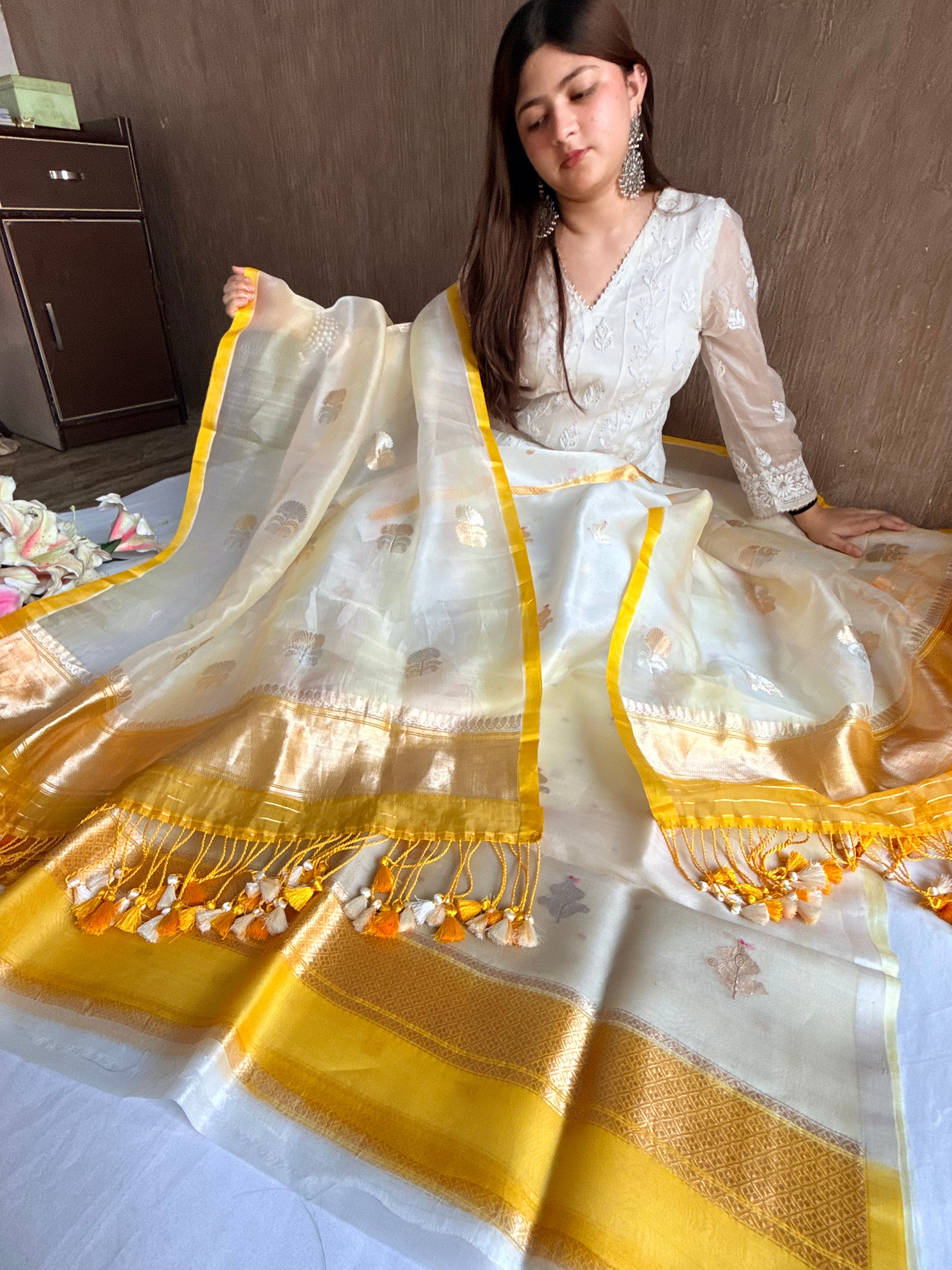Pastel shaded kora silk rainbow dye kadhwa banarasi suit set